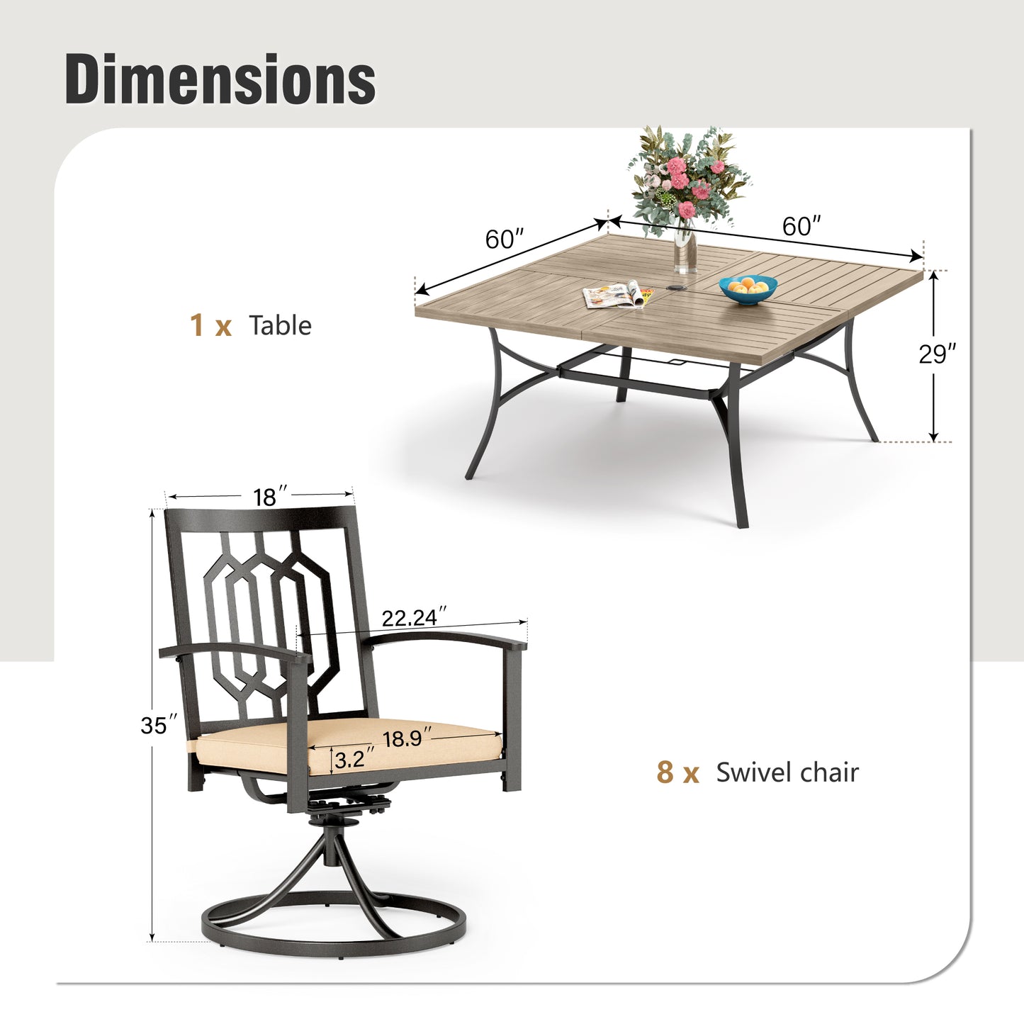 Captiva Designs 9pc Spacious Slat-top Square Metal Table with Umbrella Hole & Swivel Steel Chairs