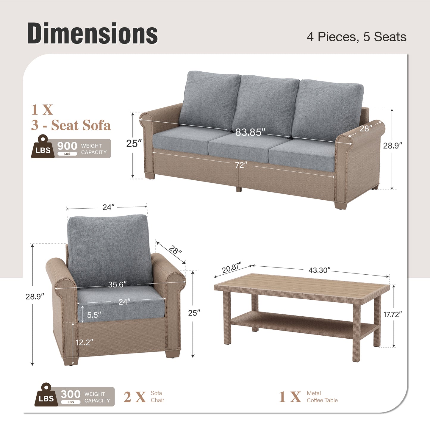Captiva Designs Luxury Wicker Patio Conversation Sofa Set with Curved Armrests with Cushions