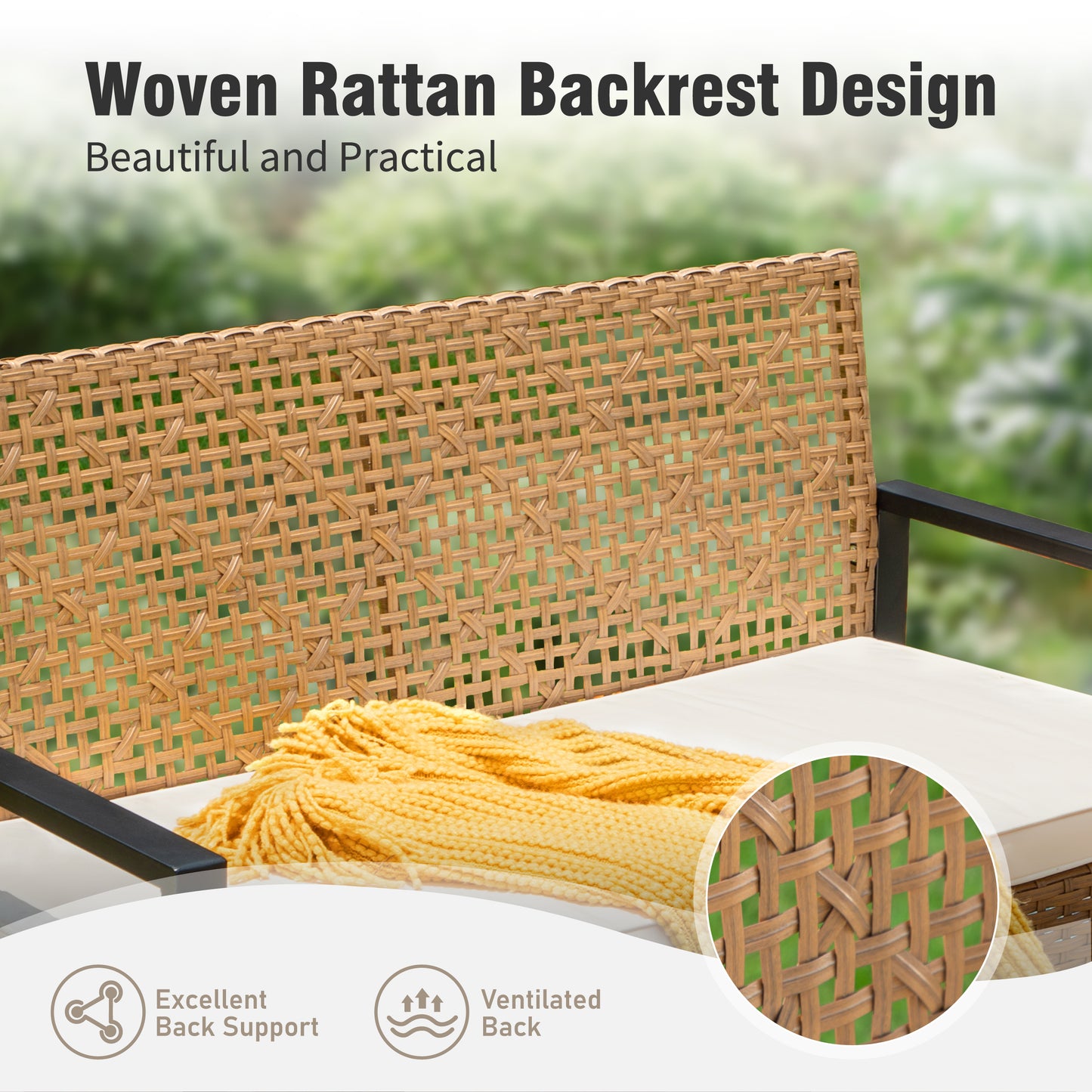 Captiva Designs Outdoor Patio 4 Pieces Wicker Porch Furniture Small Rattan Couch Set with Wood Table for Backyard