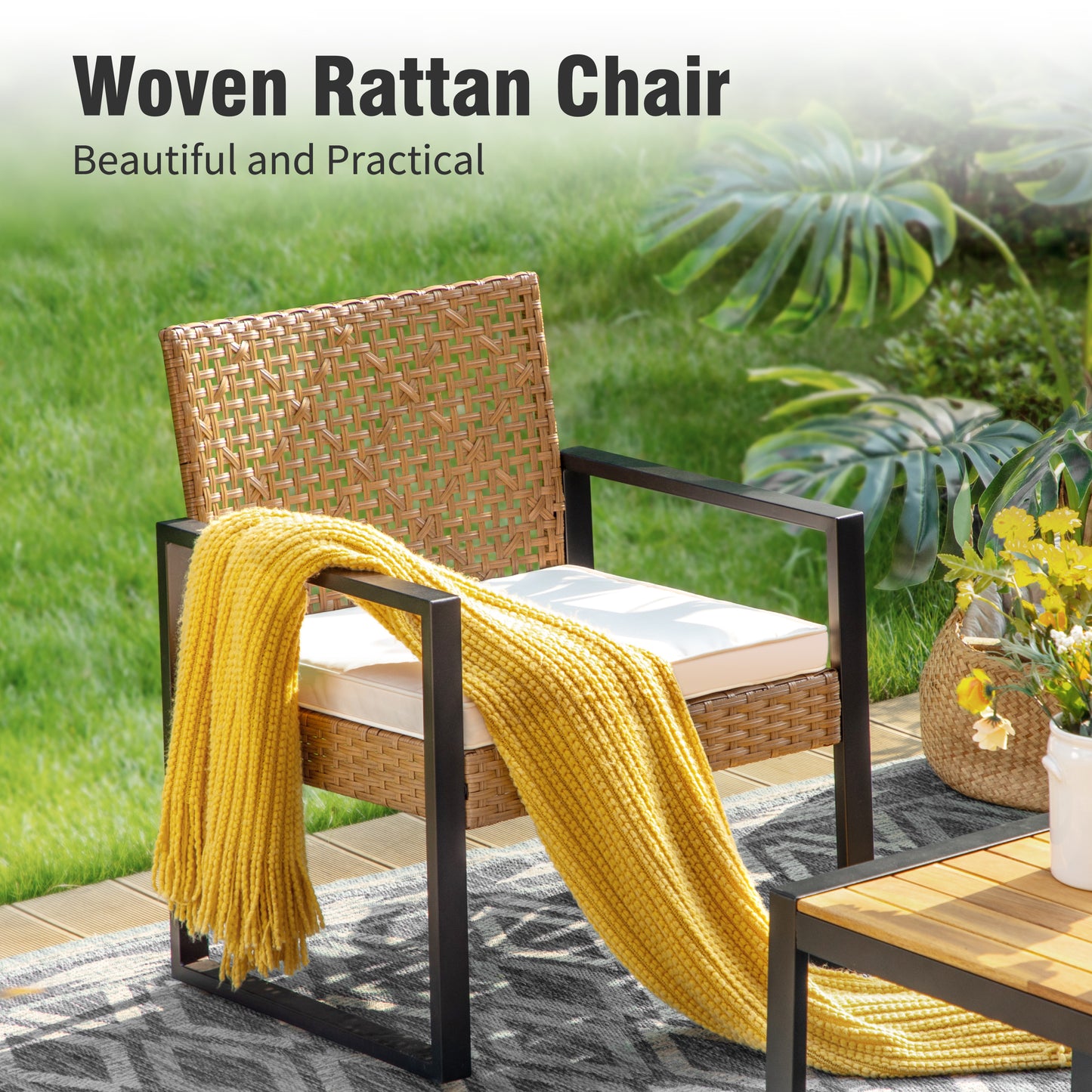 Captiva Designs Outdoor Patio 4 Pieces Wicker Porch Furniture Small Rattan Couch Set with Wood Table for Backyard