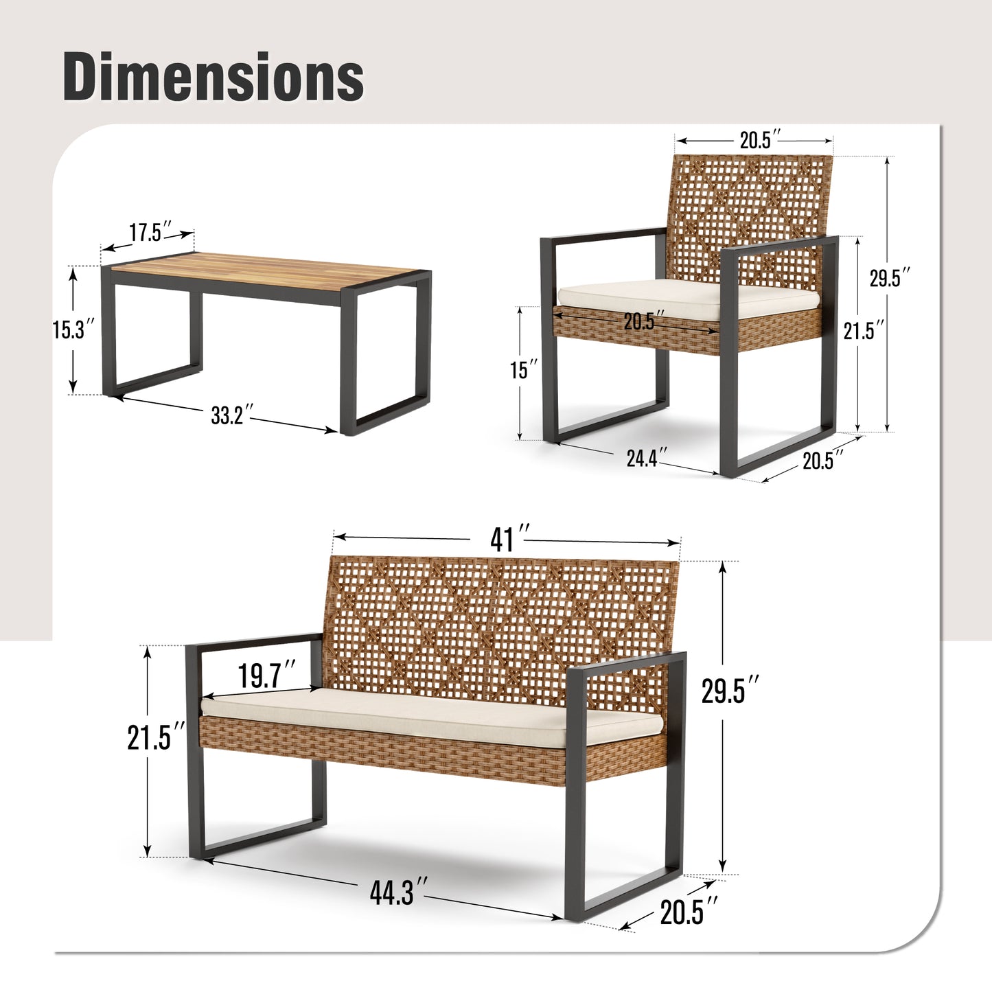 Captiva Designs Outdoor Patio 4 Pieces Wicker Porch Furniture Small Rattan Couch Set with Wood Table for Backyard