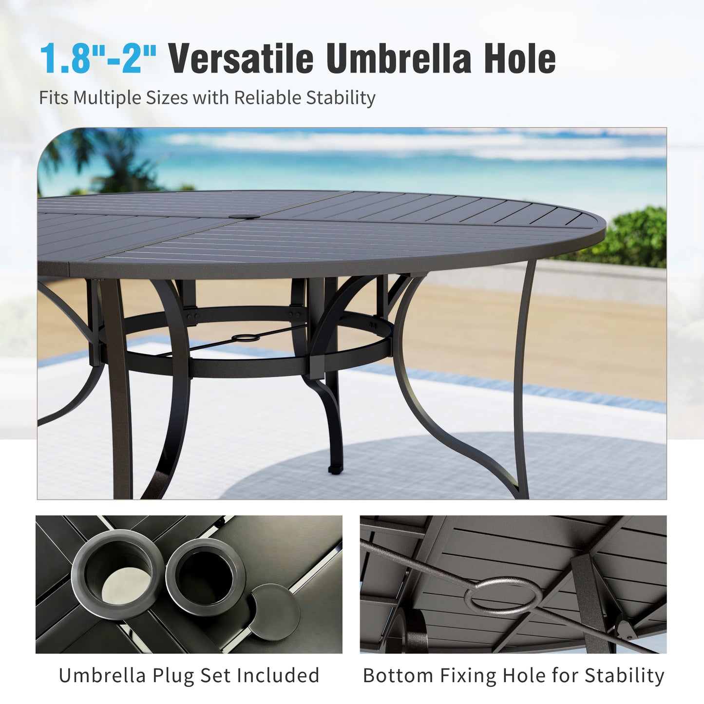 Captiva Designs 1pc Patio Spacious Slat-top Square Metal Table with Umbrella Hole for 8