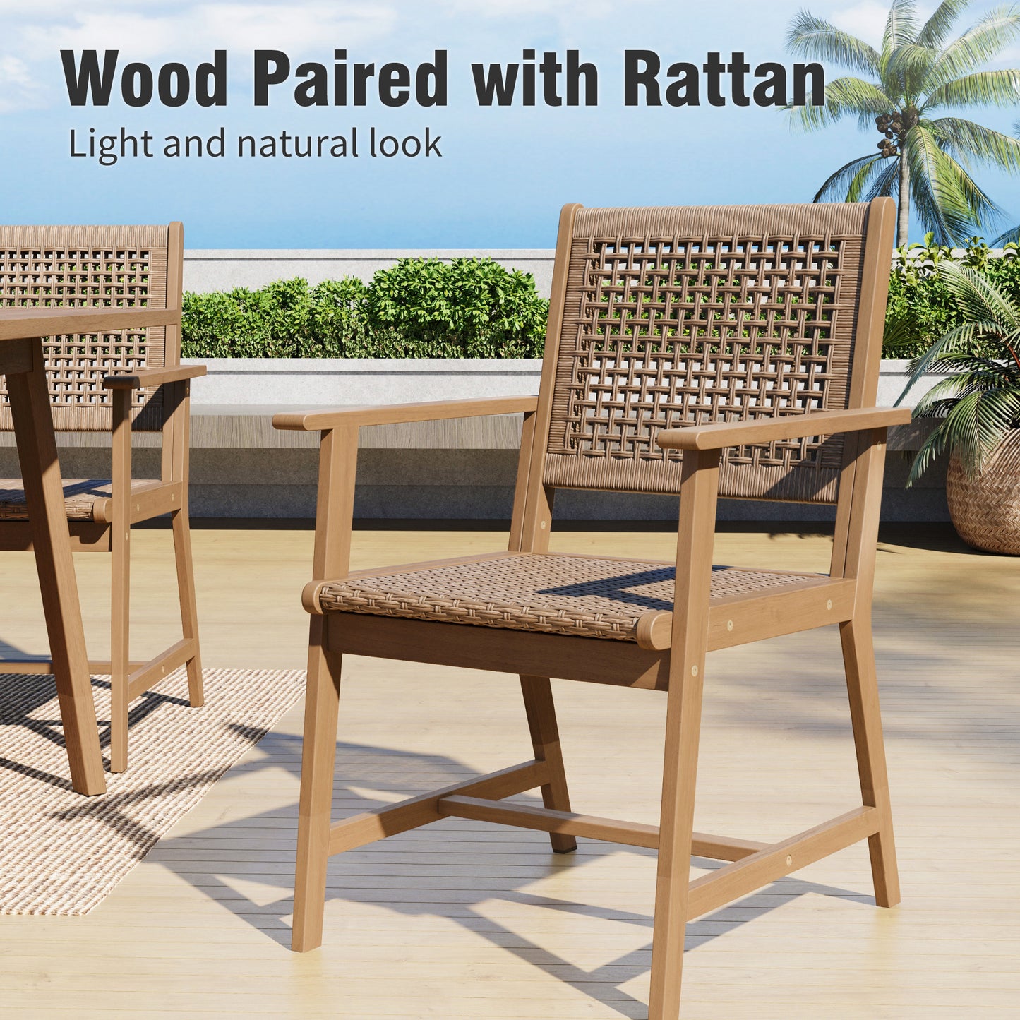 Captiva Designs 9 件套露台户外木质餐桌椅套装，配有 8 把藤椅和 1 张相思木长方形桌子