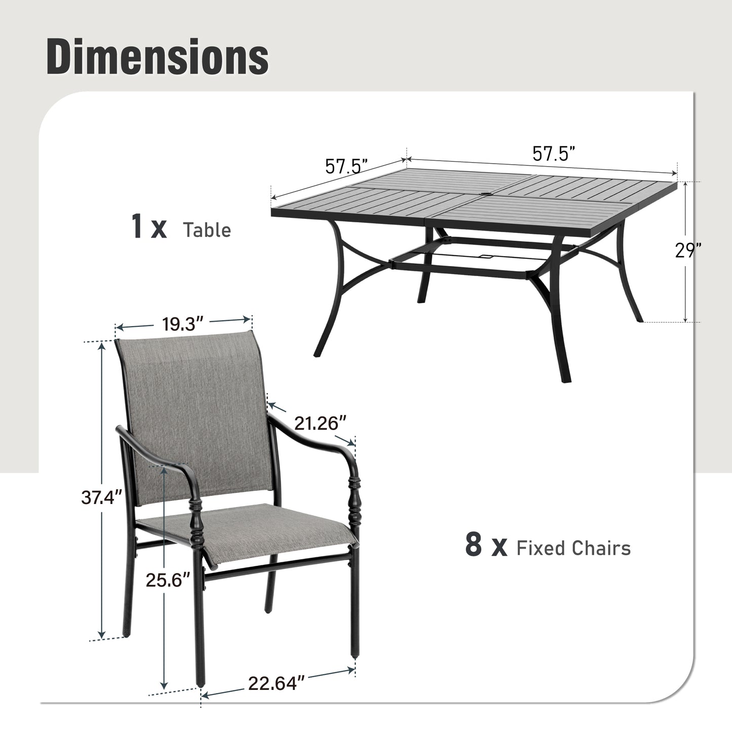 Captiva Designs 9pc Patio Dining Set with Spacious Slat-top Square Metal Table & Steel Frame Chairs