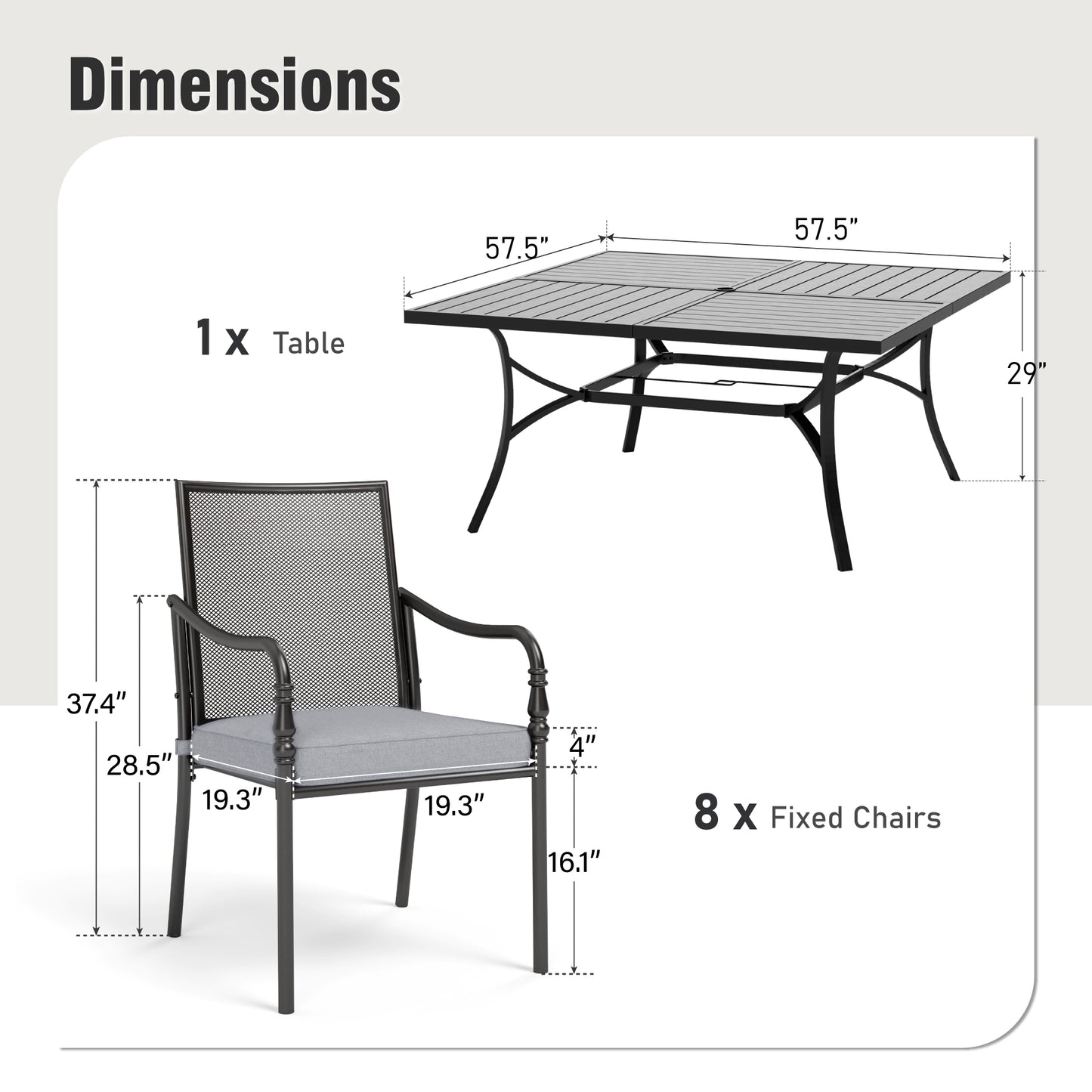 Captiva Designs 9pc Patio Dining Set with Spacious Slat-top Square Metal Table & Steel Frame Chairs