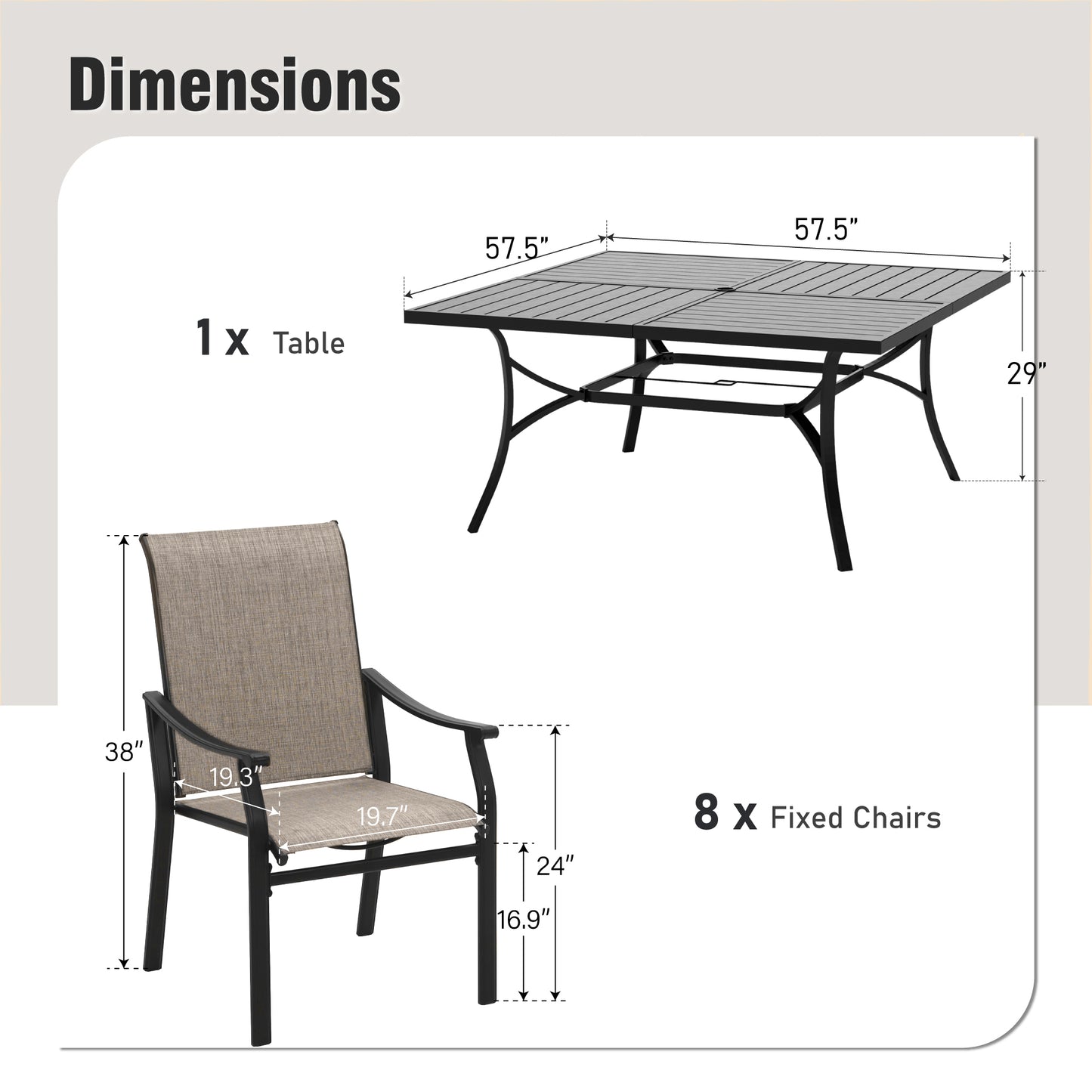Captiva Designs 9pc Spacious Slat-top Square Metal Table with Umbrella Hole & Brown Textilene Fixed Chairs