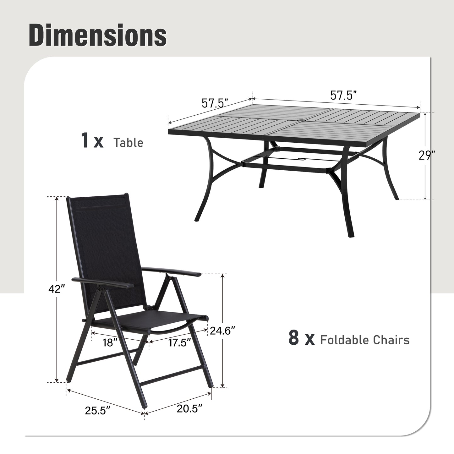 Captiva Designs 9pc Spacious Slat-top Square Metal Table with Umbrella Hole & Reclining Foldable Sling Chairs