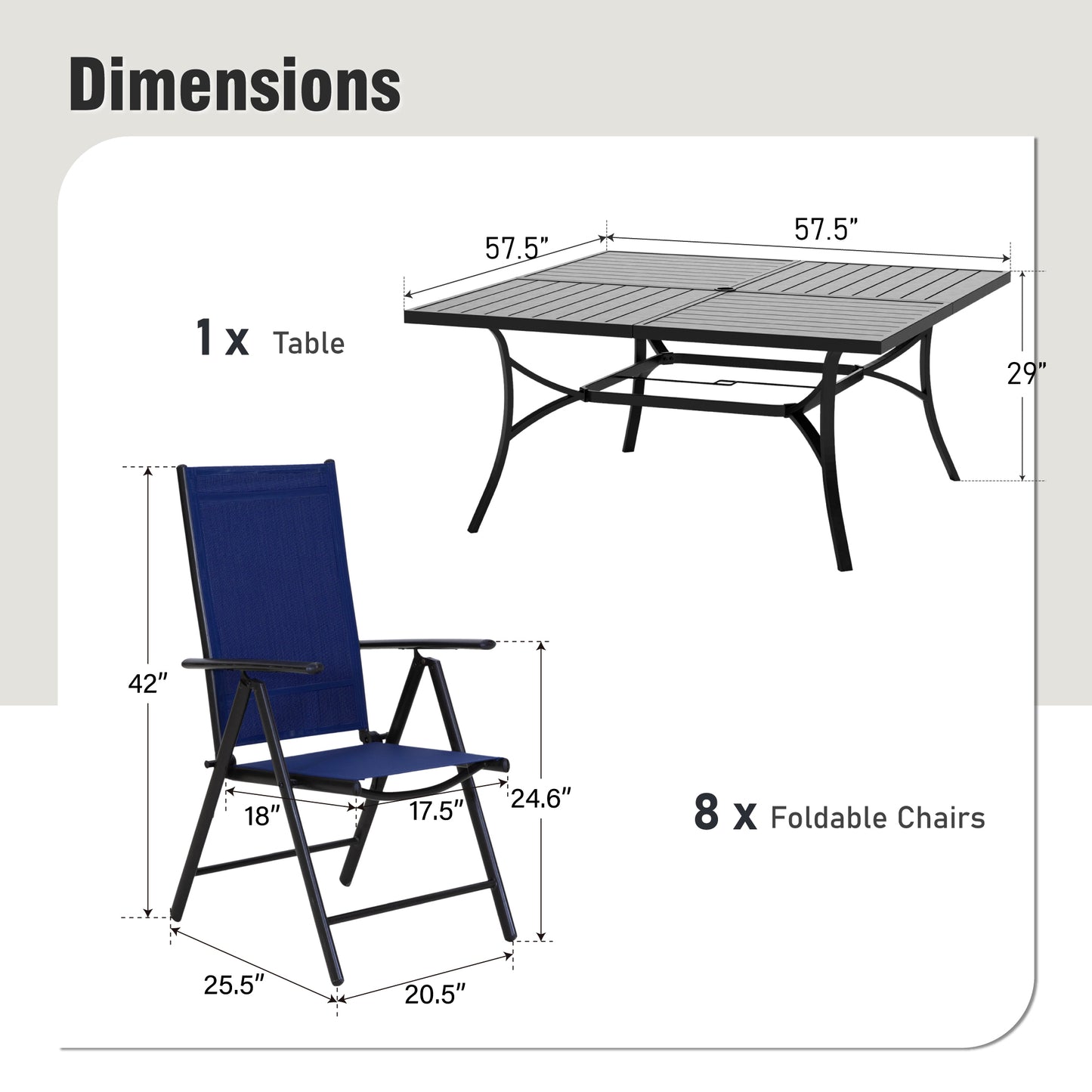Captiva Designs 9pc Spacious Slat-top Square Metal Table with Umbrella Hole & Reclining Foldable Sling Chairs