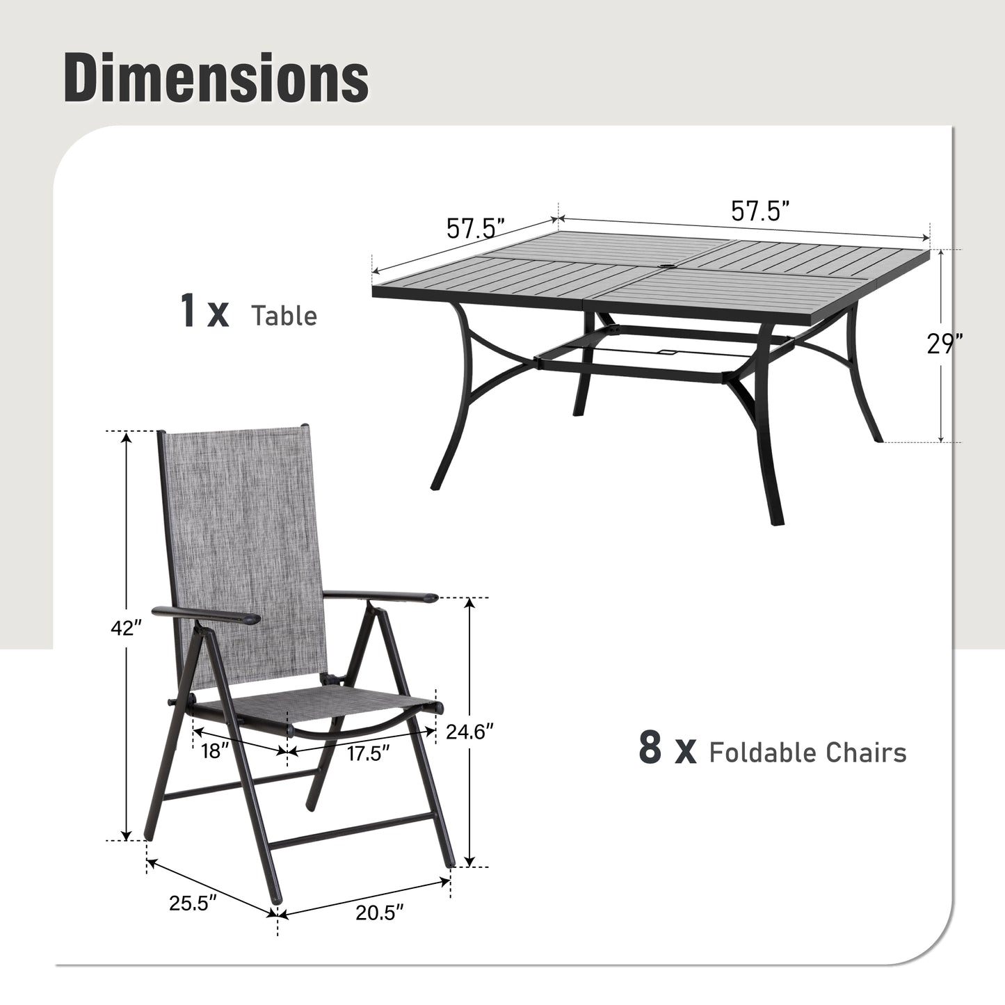 Captiva Designs 9pc Spacious Slat-top Square Metal Table with Umbrella Hole & Reclining Foldable Sling Chairs