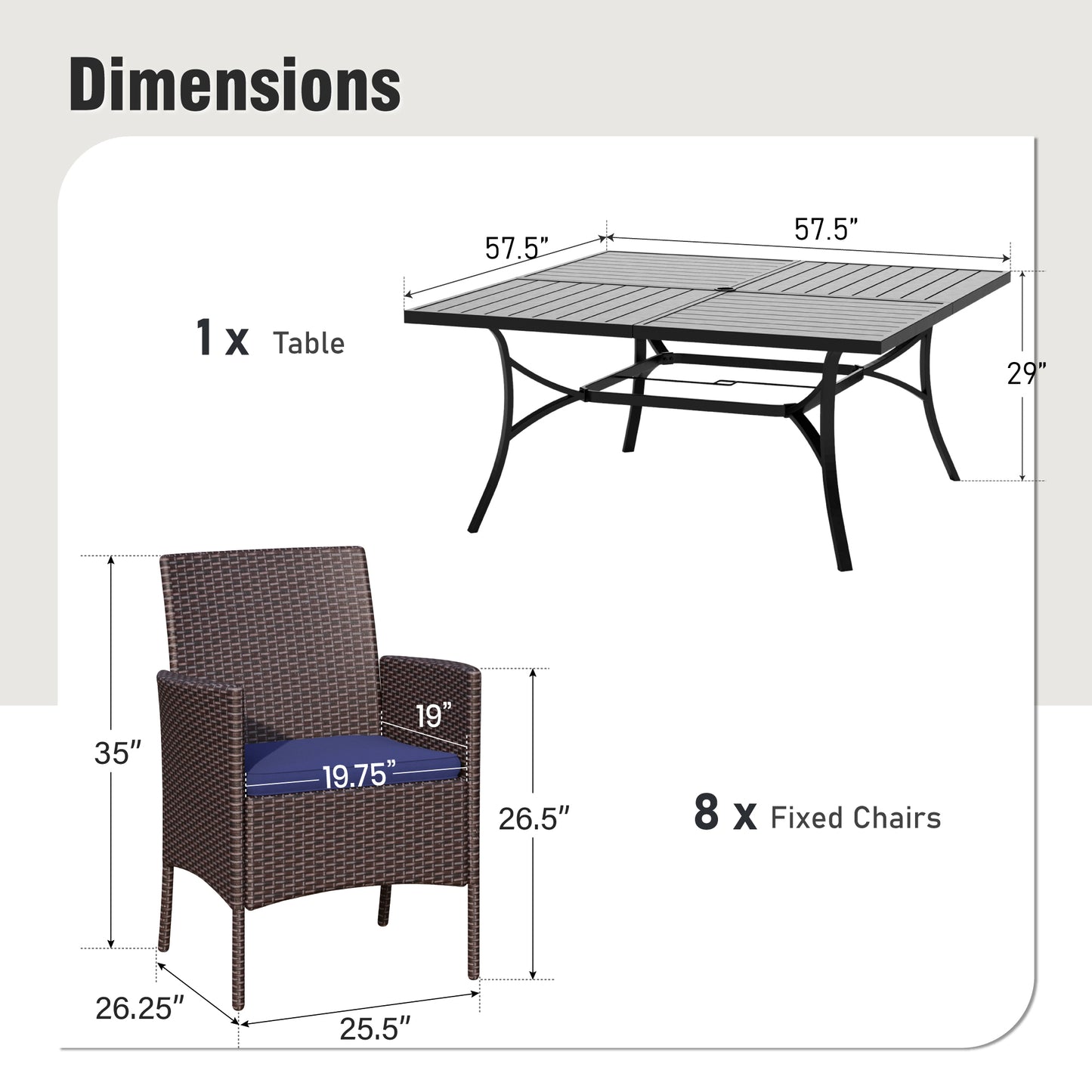 Captiva Designs 9pc Patio Spacious Slat-top Square Metal Table & Armrest Rattan Chairs with Cushions