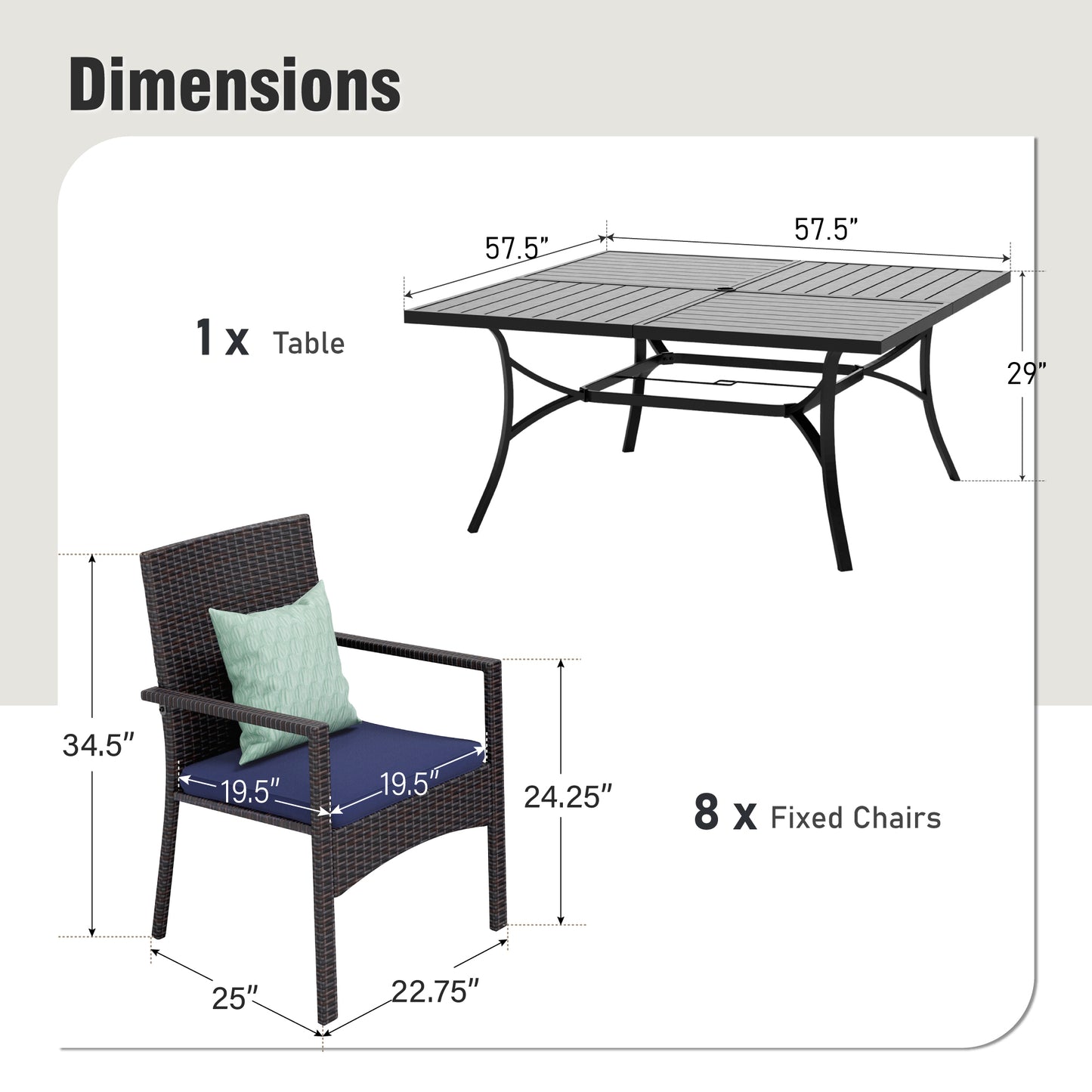 Captiva Designs 9pc Patio Spacious Slat-top Square Metal Table & Armrest Rattan Chairs with Cushions
