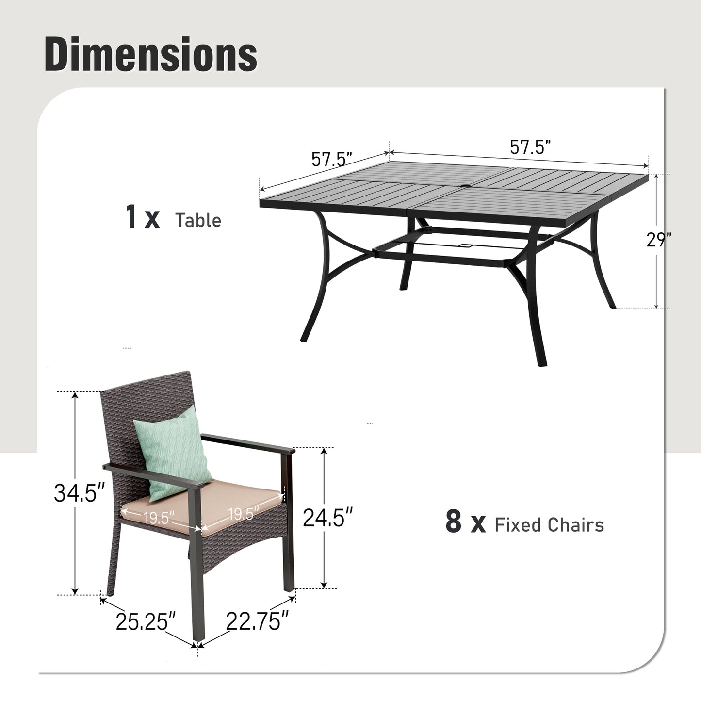 Captiva Designs 9pc Patio Spacious Slat-top Square Metal Table & Armrest Rattan Chairs with Cushions