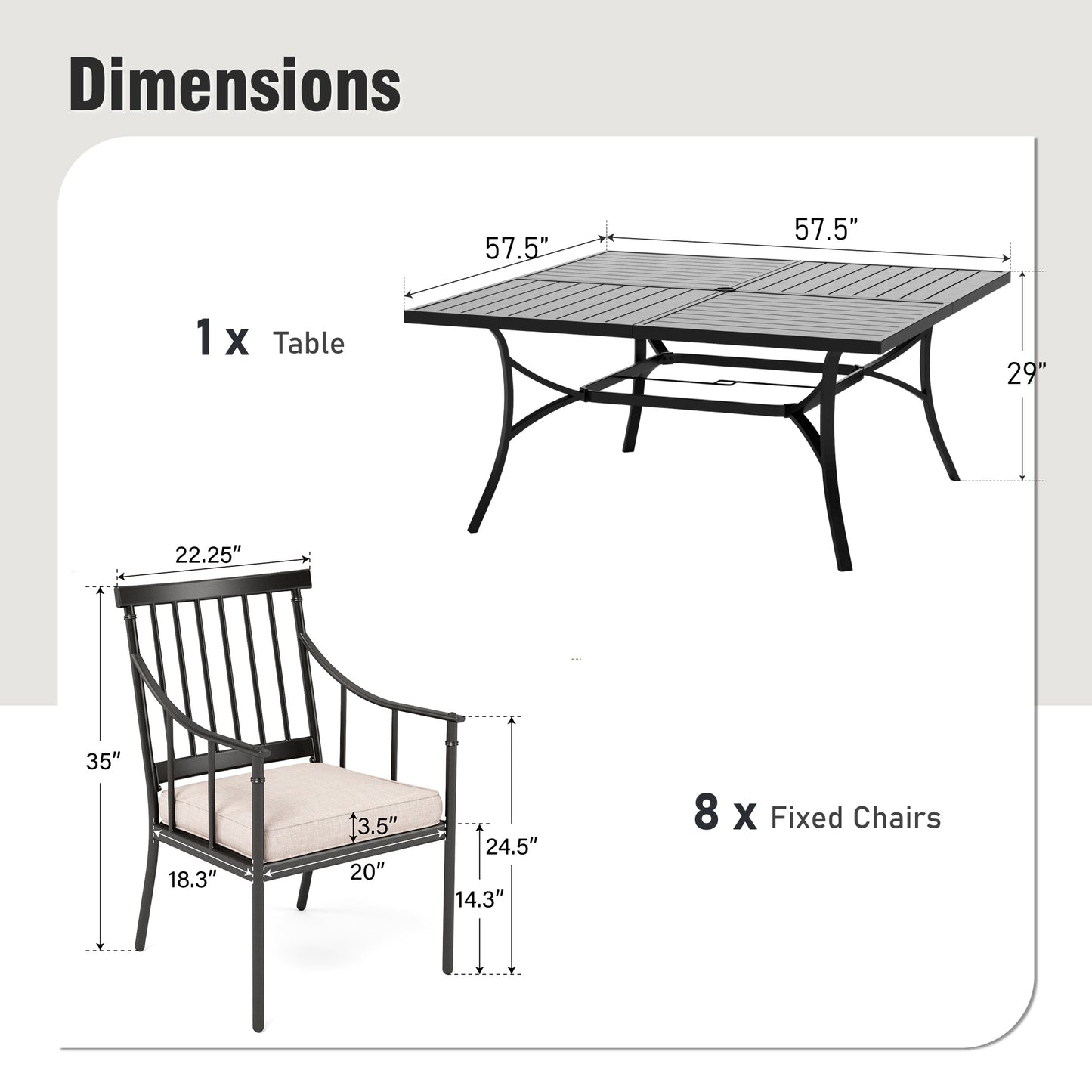 Captiva Designs 9pc Spacious Slat-top Square Metal Table with Umbrella Hole & Stylish Metal Arm Chairs