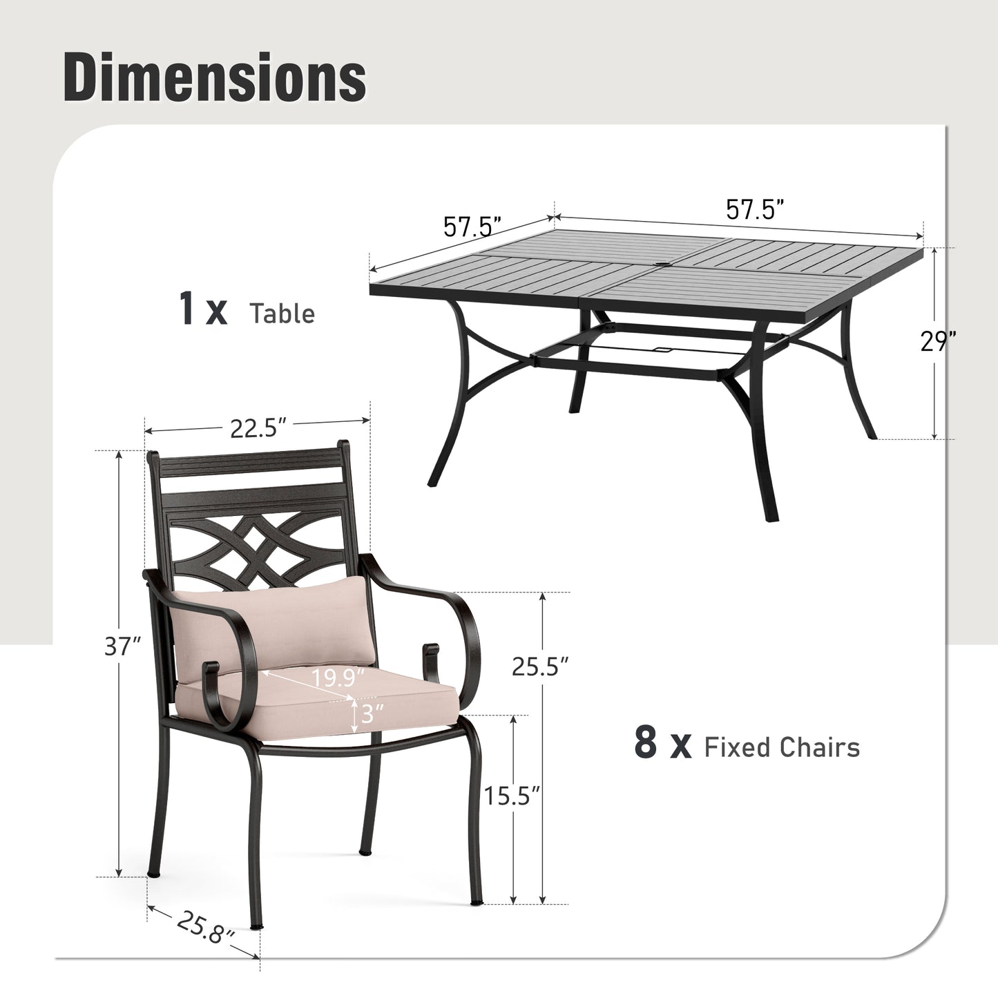 Captiva Designs 9 件套宽敞方形金属板顶桌，带伞孔和固定金属椅，带垫子