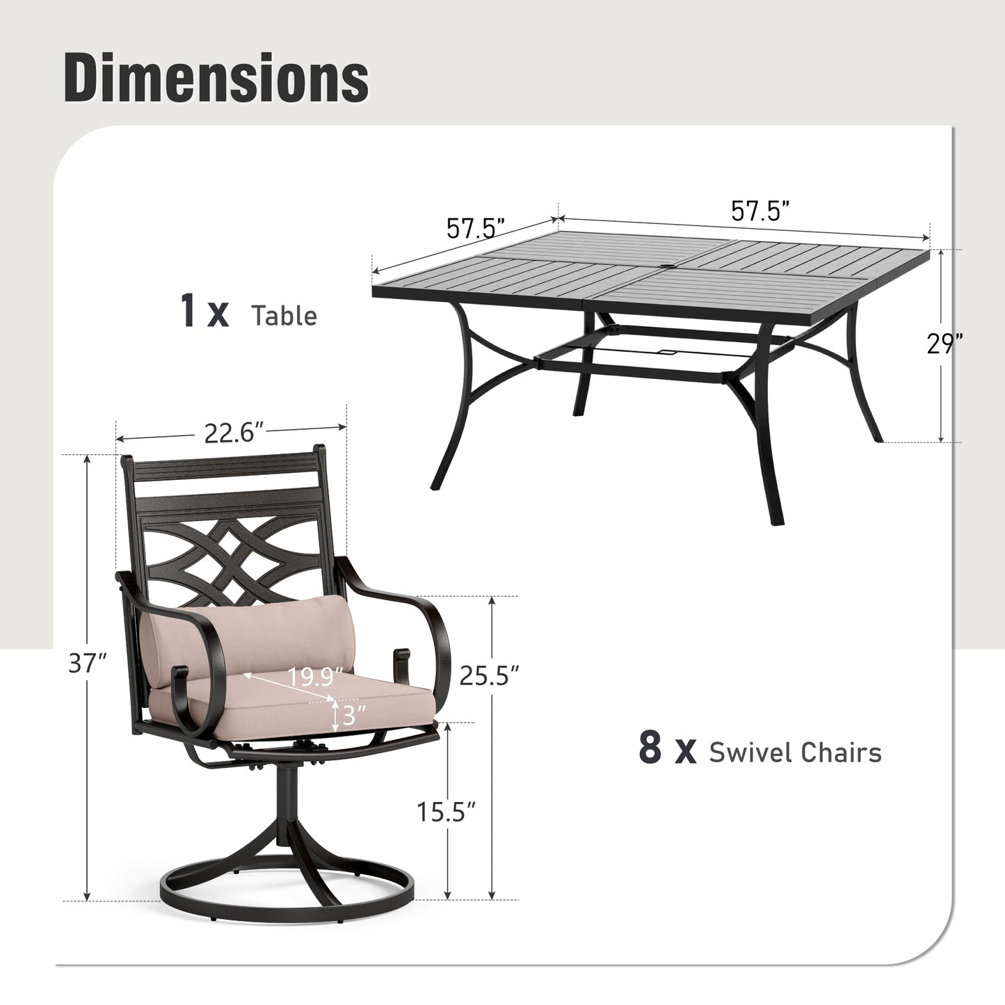 Captiva Designs 9 件套宽敞方形金属板顶桌，带伞孔和固定金属椅，带垫子
