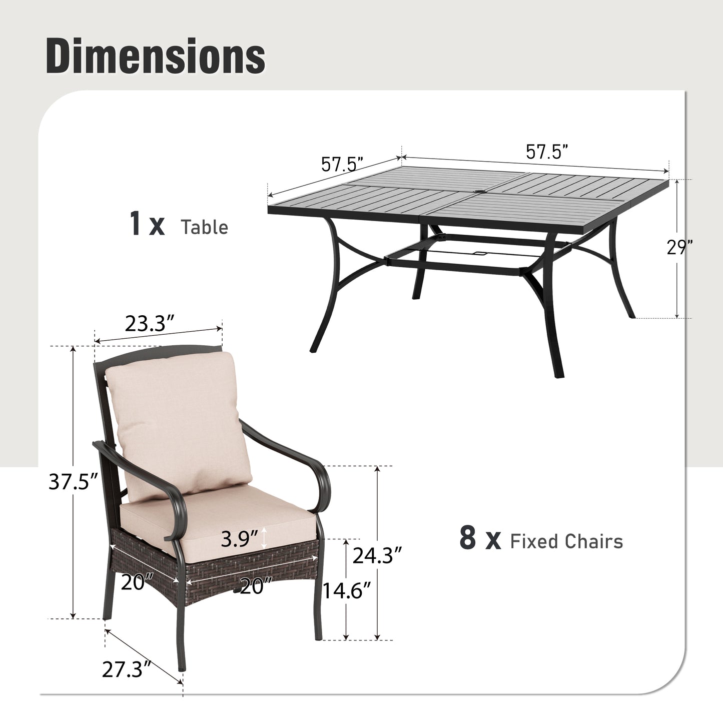 Captiva Designs 9pc Spacious Slat-top Square Metal Table & Rattan Metal Chairs with Thick Cushions