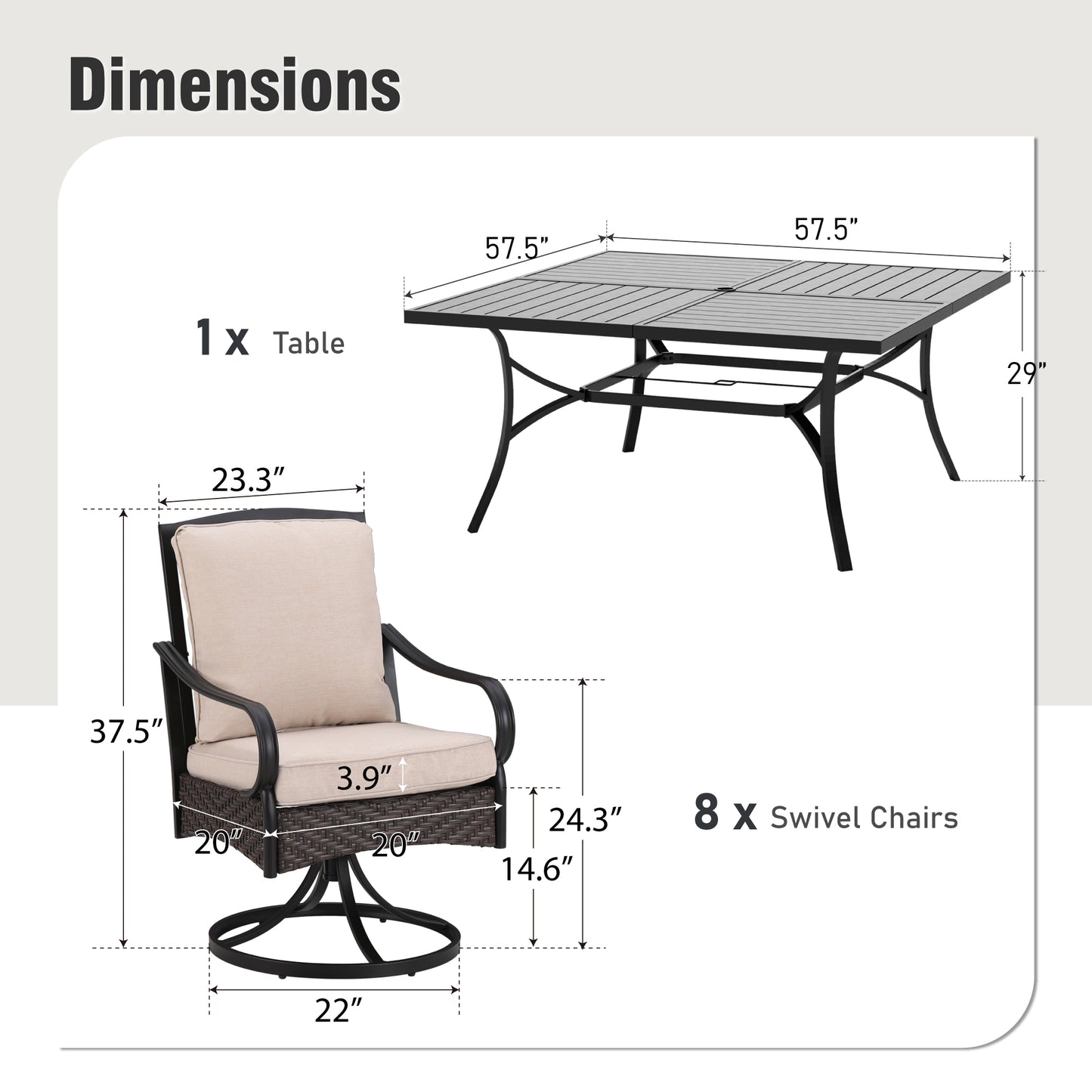 Captiva Designs 9pc Spacious Slat-top Square Metal Table & Rattan Metal Chairs with Thick Cushions