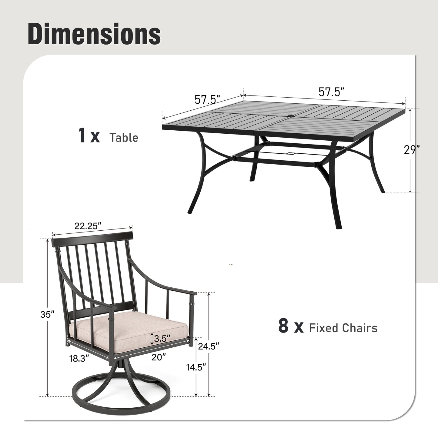 Captiva Designs 9pc Spacious Slat-top Square Metal Table with Umbrella Hole & Stylish Metal Arm Chairs