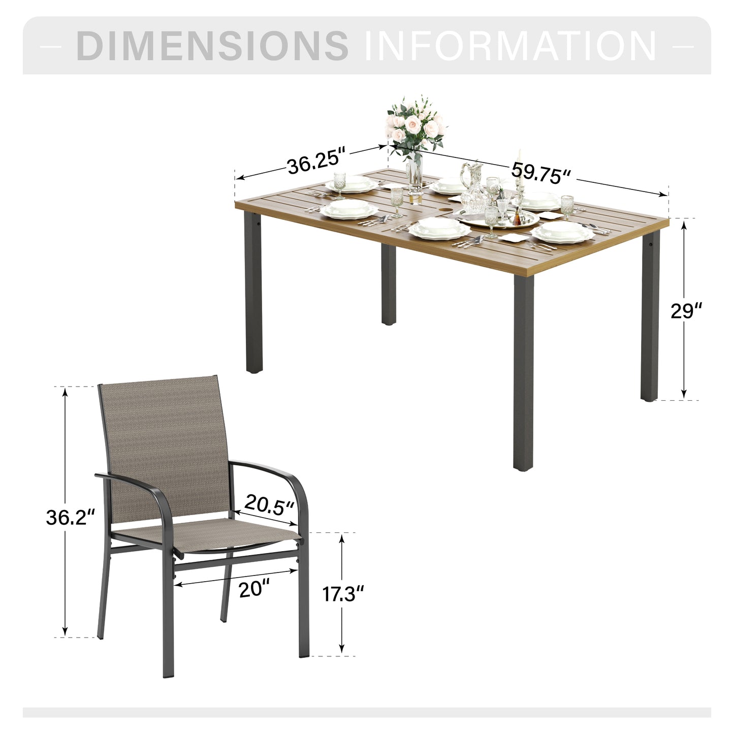 Captiva Designs 7 件套露台餐桌椅套装，配有户外木质板条钢桌和蓝色吊带固定椅
