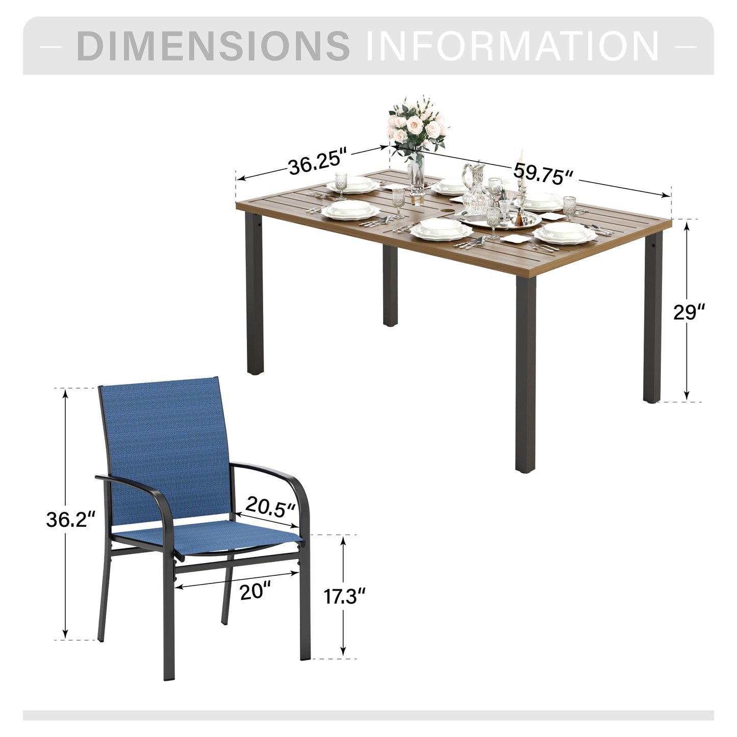 Captiva Designs 7 件套露台餐桌椅套装，配有户外木质板条钢桌和蓝色吊带固定椅