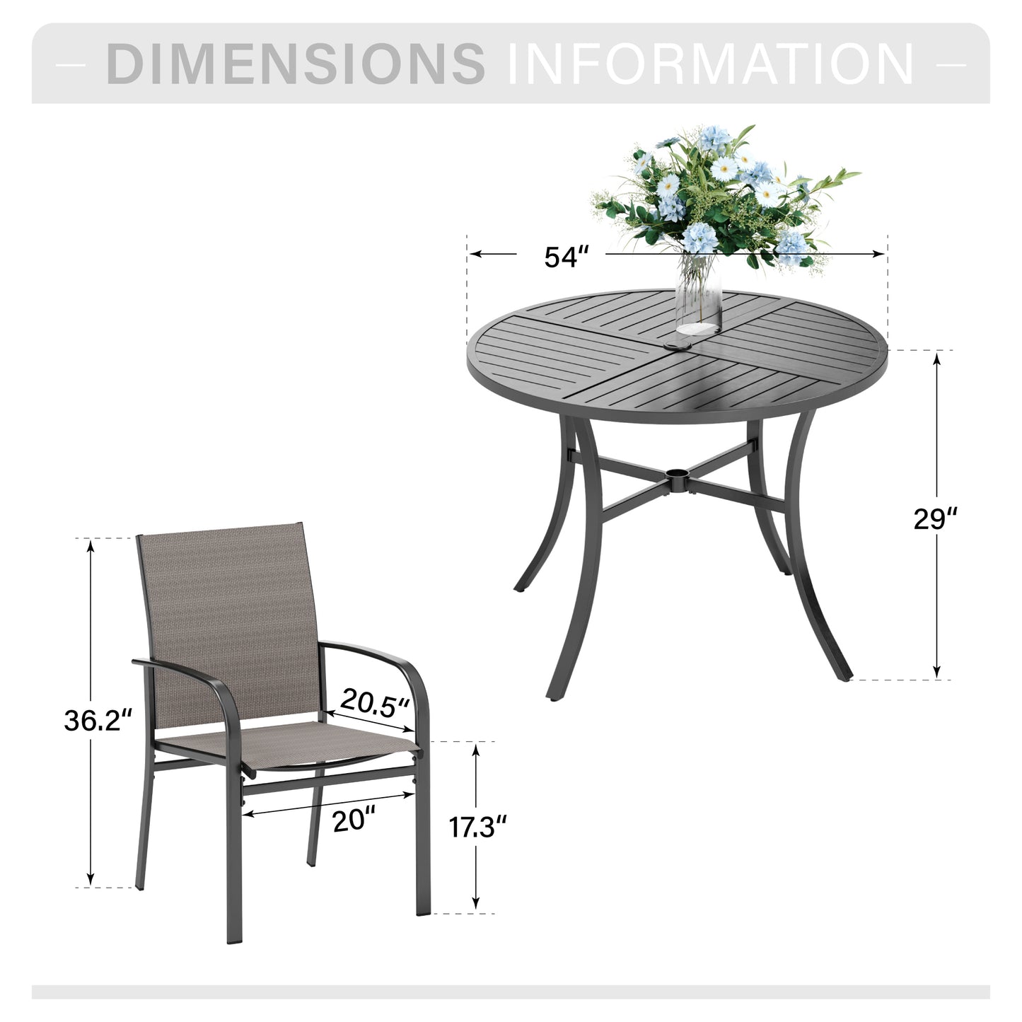 Captiva Designs 7pc Black Round Slatted Steel Table with Umbrella Hole & Textilene Chairs