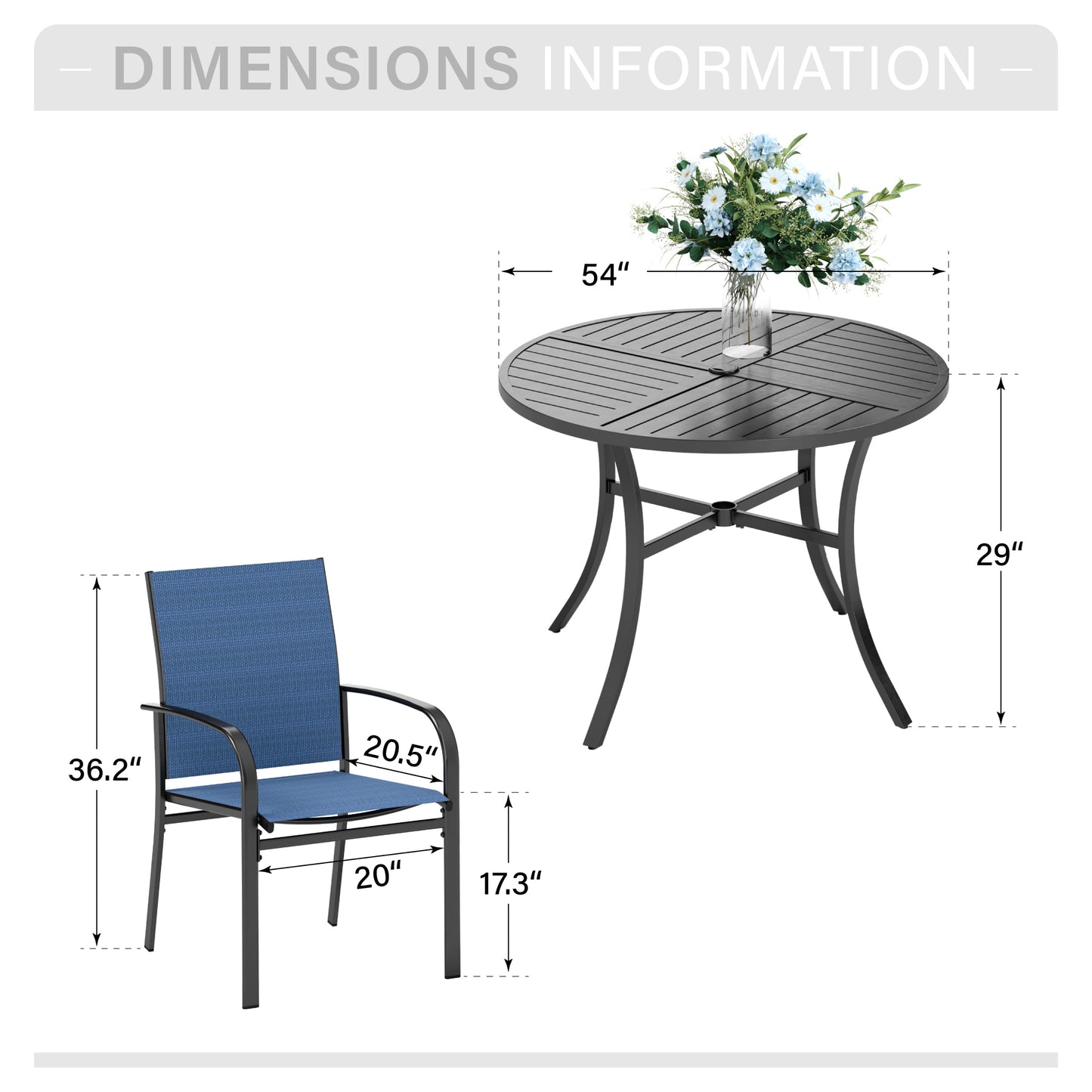 Captiva Designs 7pc Black Round Slatted Steel Table with Umbrella Hole & Textilene Chairs