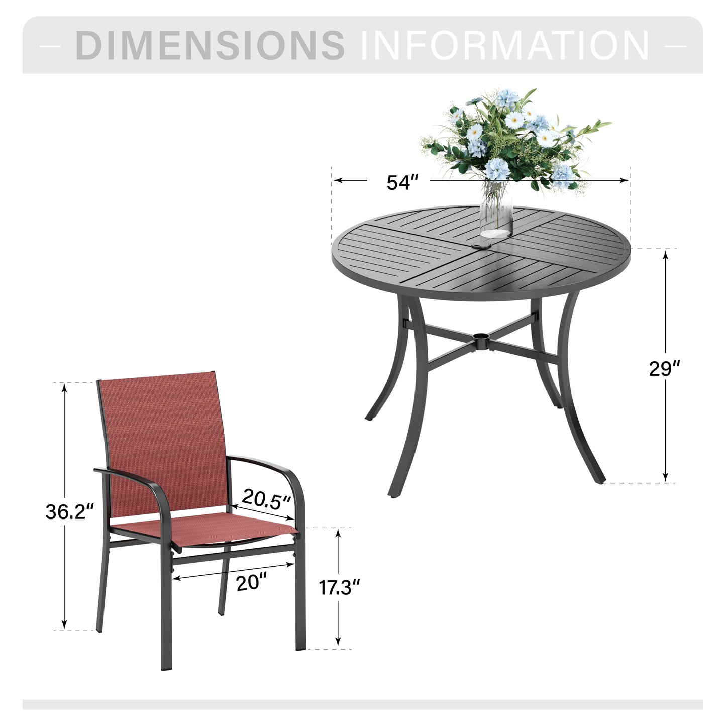 Captiva Designs 7pc Black Round Slatted Steel Table with Umbrella Hole & Textilene Chairs