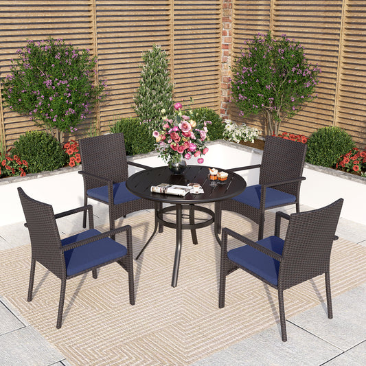 Captiva Designs 5pc Outdoor Steel Slat-top Round Dining Table & Haiti Rattan Chairs with Cushion