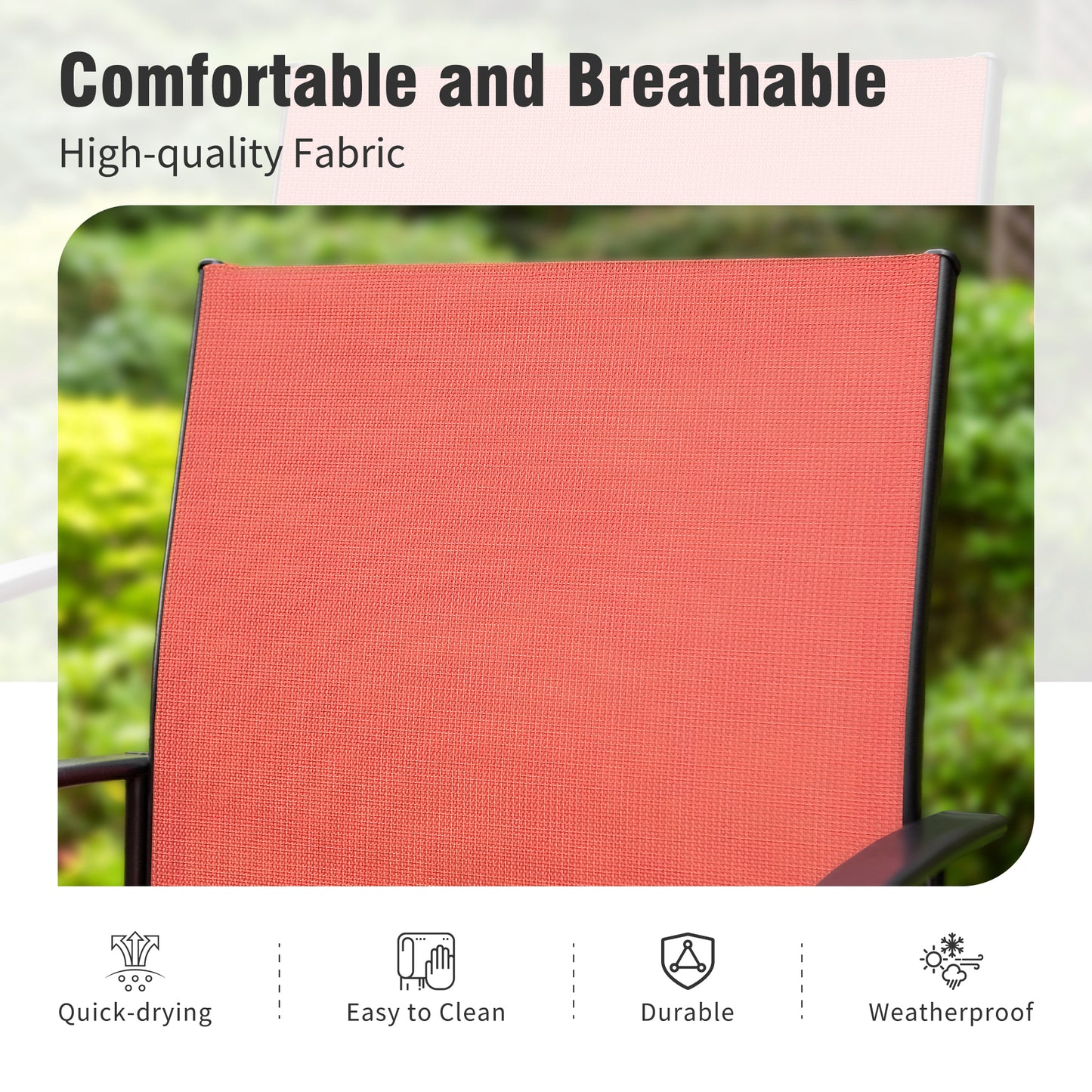 Captiva Designs 7pc Black Round Slatted Steel Table with Umbrella Hole & Textilene Chairs