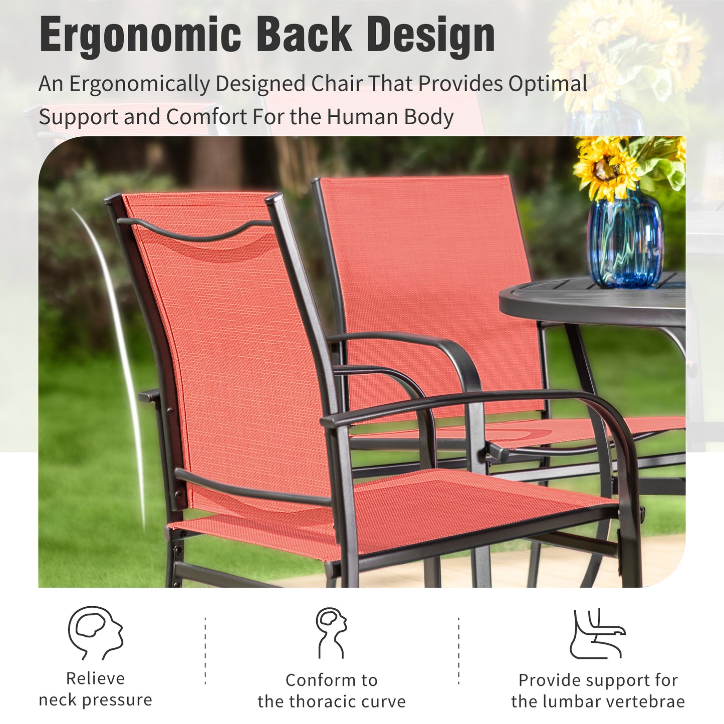 Captiva Designs 7pc Black Round Slatted Steel Table with Umbrella Hole & Textilene Chairs