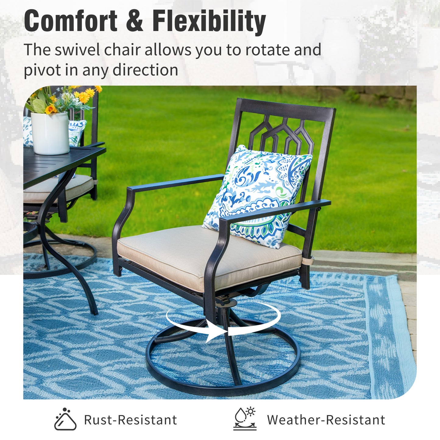 Captiva Designs 3pc Outdoor Patio Slatted Tabletop Square Dining Steel Table & Arm Chairs