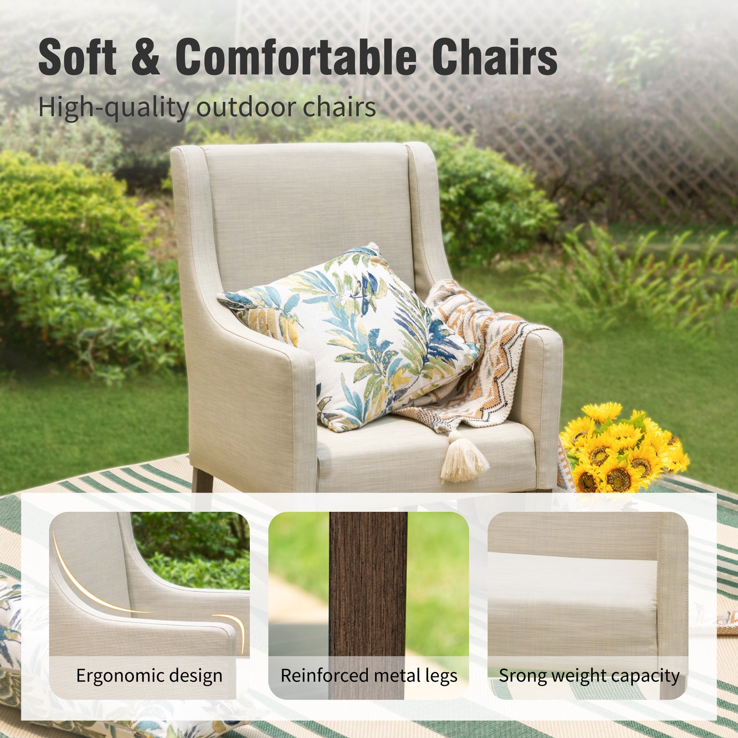 Captiva Designs 7pc Patio Dining Set Wood-look Rectangle Table & Cushioned Metal Chairs