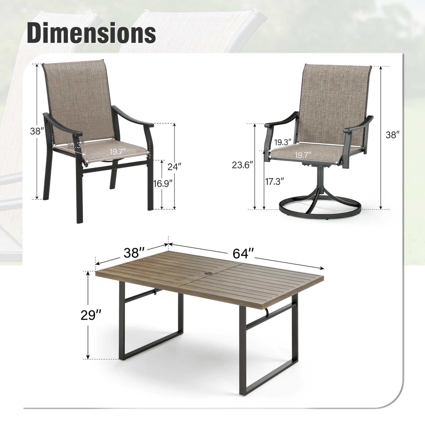 Captiva Designs 7 件套户外餐桌椅套装，配有带板顶的矩形桌子和高背藤制固定椅子