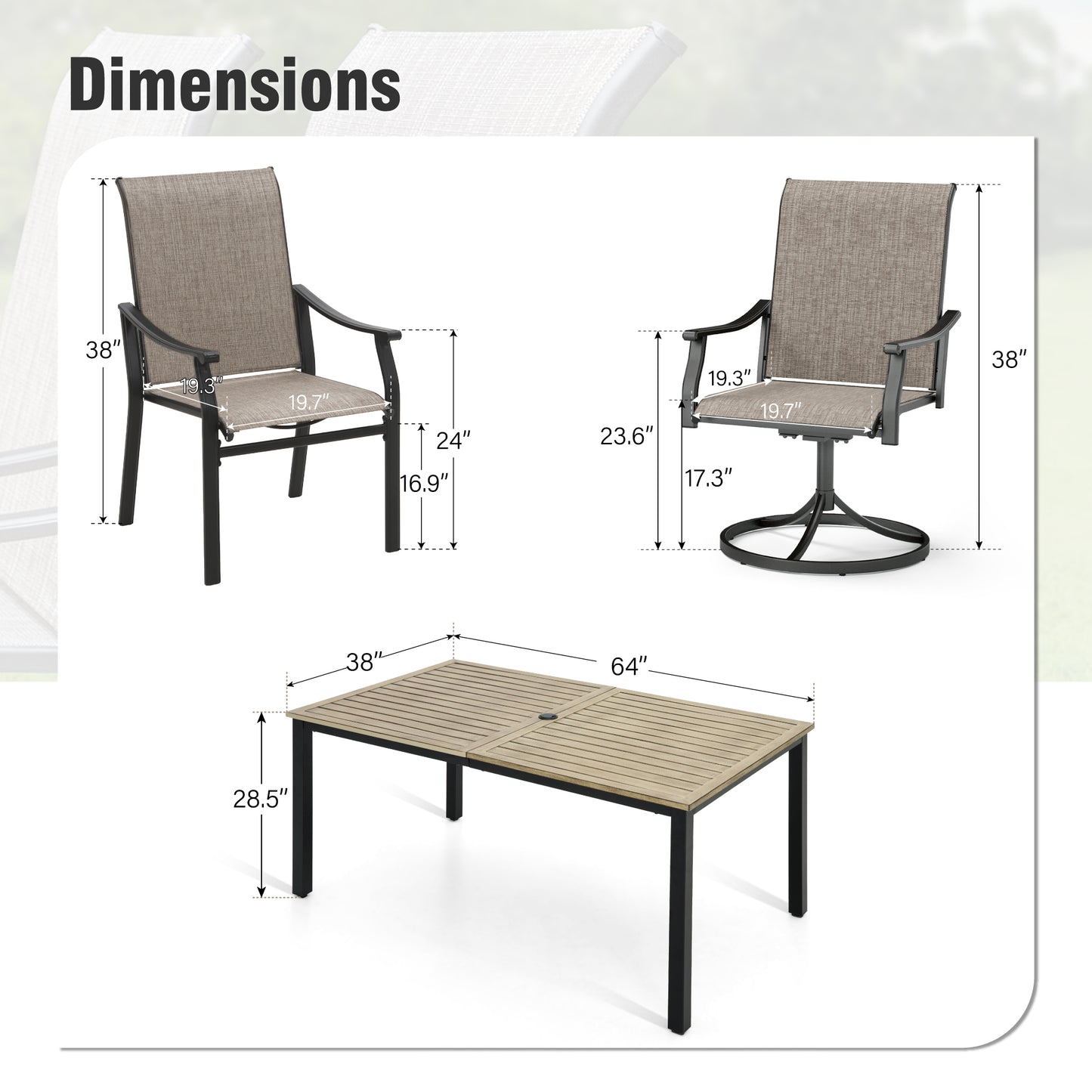 Captiva Designs 7pc Outdoor Patio Black Steel Dining Table & Brown Textilene Arm Chairs