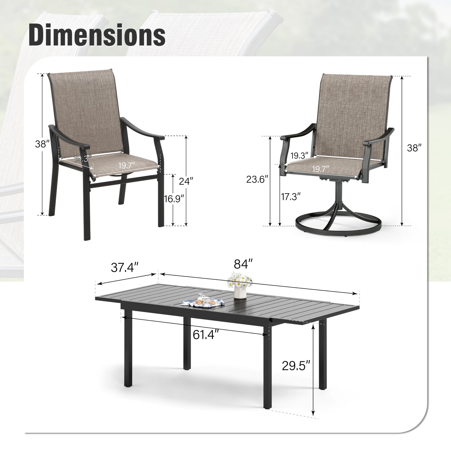 Captiva Designs 7pc Outdoor Patio Black Steel Dining Table & Brown Textilene Arm Chairs
