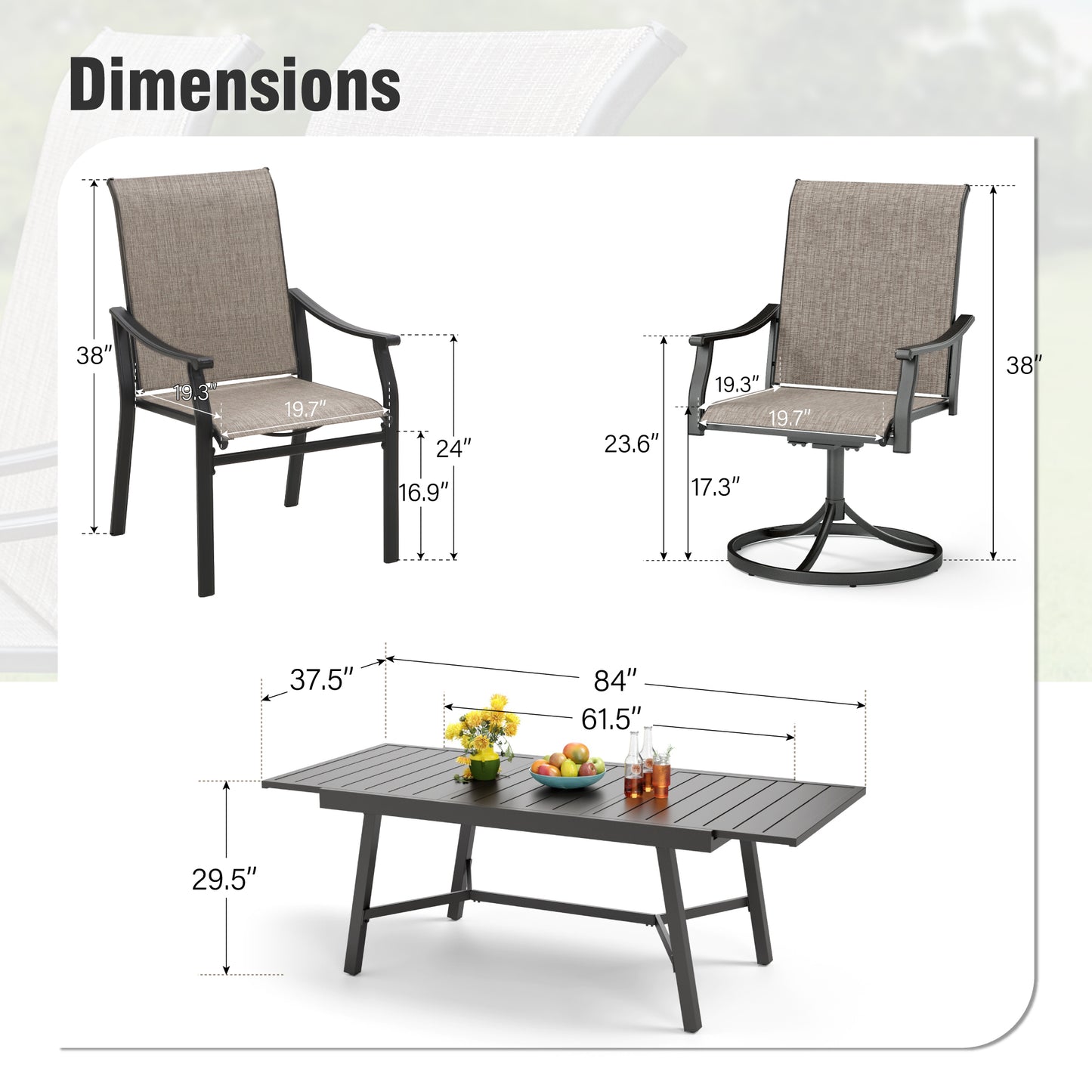 Captiva Designs 7pc Outdoor Patio Black Steel Dining Table & Brown Textilene Arm Chairs