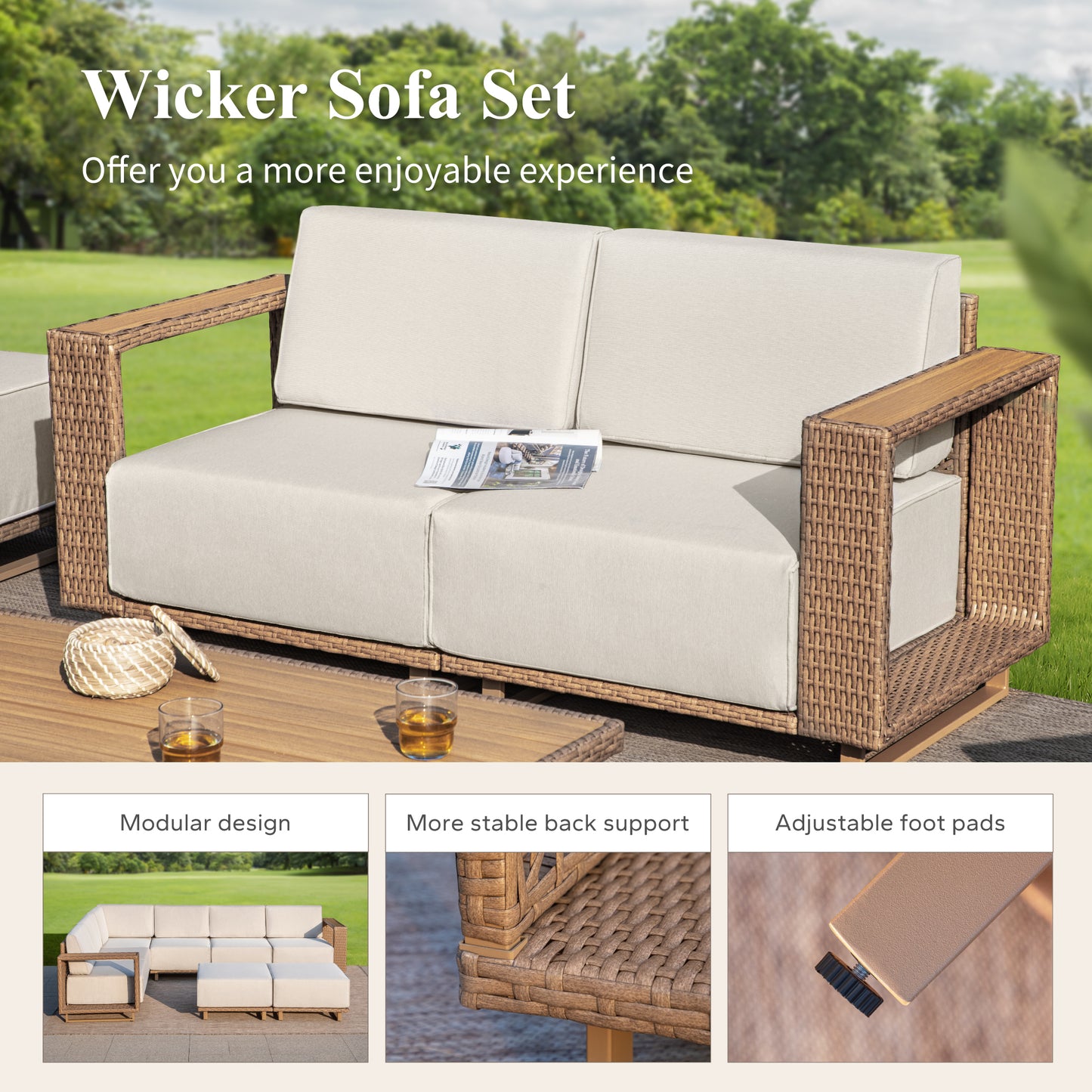 Captiva Designs Outdoor Patio Modular Furniture Sectional Wicker Sofa Set with Swivel Armchairs and Extra Thick Cushions