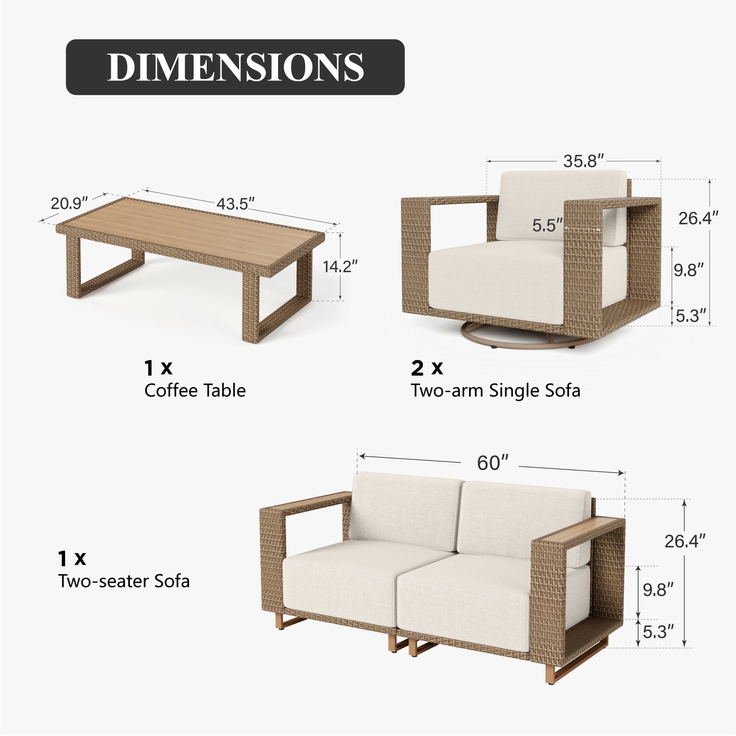 Captiva Designs Outdoor Patio Modular Furniture Sectional Wicker Sofa Set with Swivel Armchairs and Extra Thick Cushions