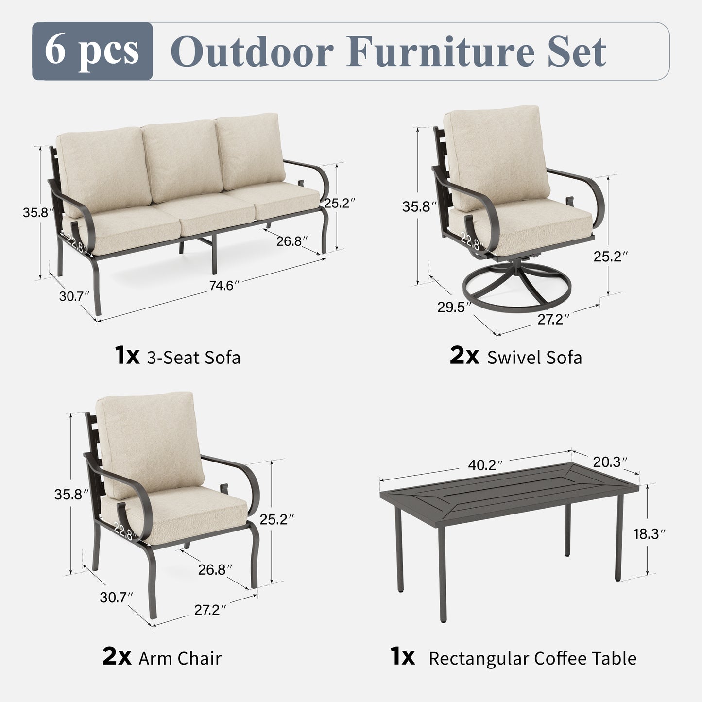 Captiva Designs 6pc Extra Large Metal Pattern-back Outdoor Patio Conversation Set with Coffee Table