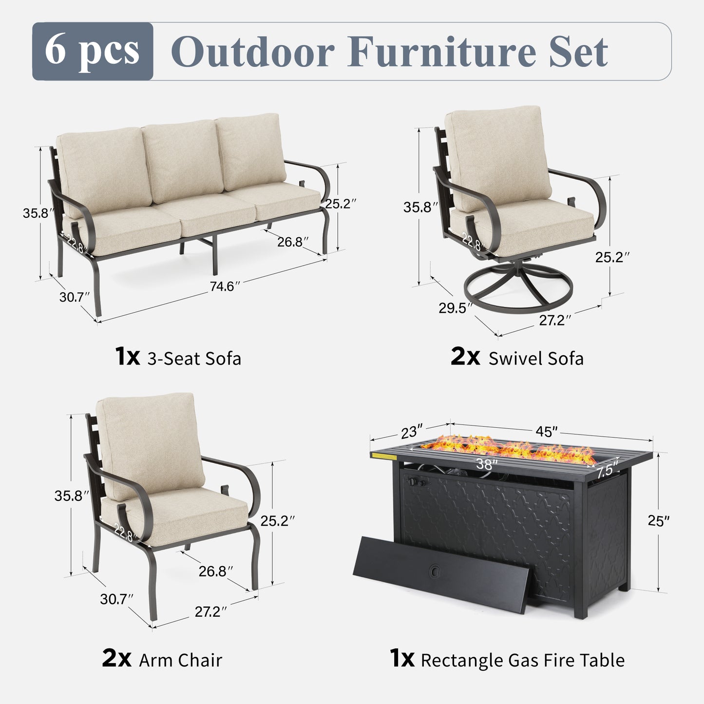 Captiva Designs 6pc Extra Large Metal Pattern-back Outdoor Patio Conversation Set with Fire Pit Table