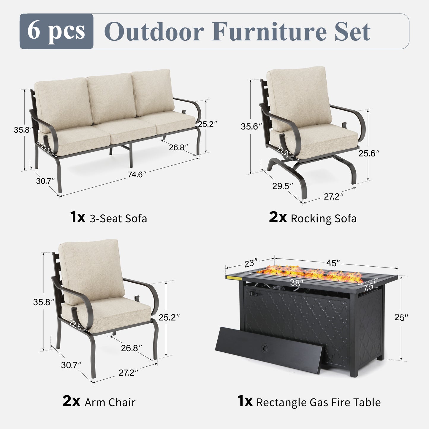 Captiva Designs 6pc Extra Large Metal Pattern-back Outdoor Patio Conversation Set with Fire Pit Table