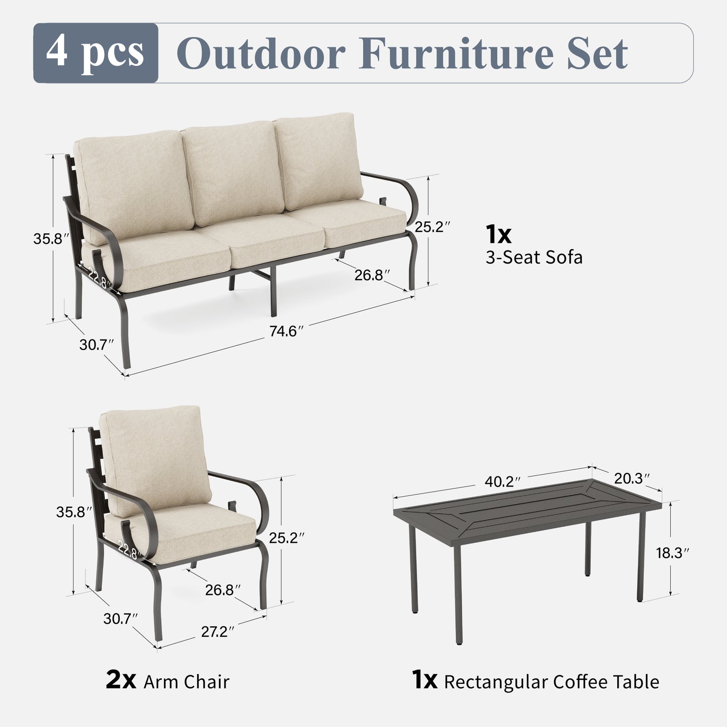 Captiva Designs 4pc Extra Large Metal Pattern-back Outdoor Patio Conversation Set with Coffee Table