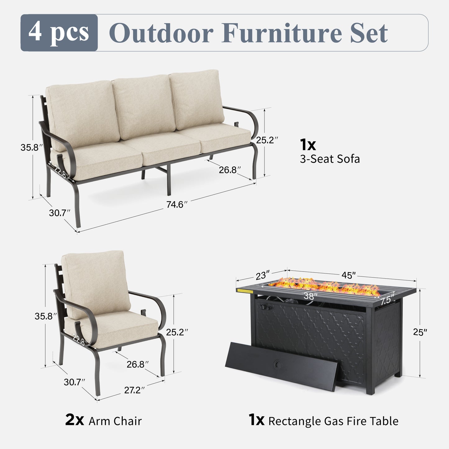 Captiva Designs 4pc Extra Large Metal Pattern-back Outdoor Patio Conversation Set with Fire Pit Table