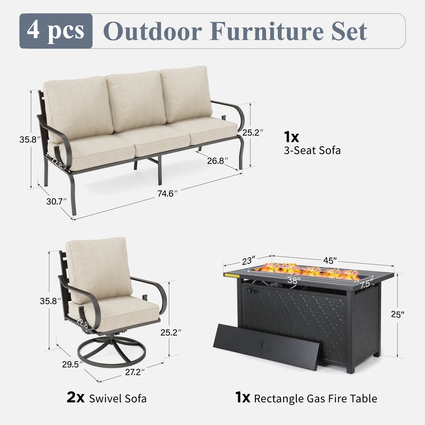 Captiva Designs 4pc Extra Large Metal Pattern-back Outdoor Patio Conversation Set with Fire Pit Table