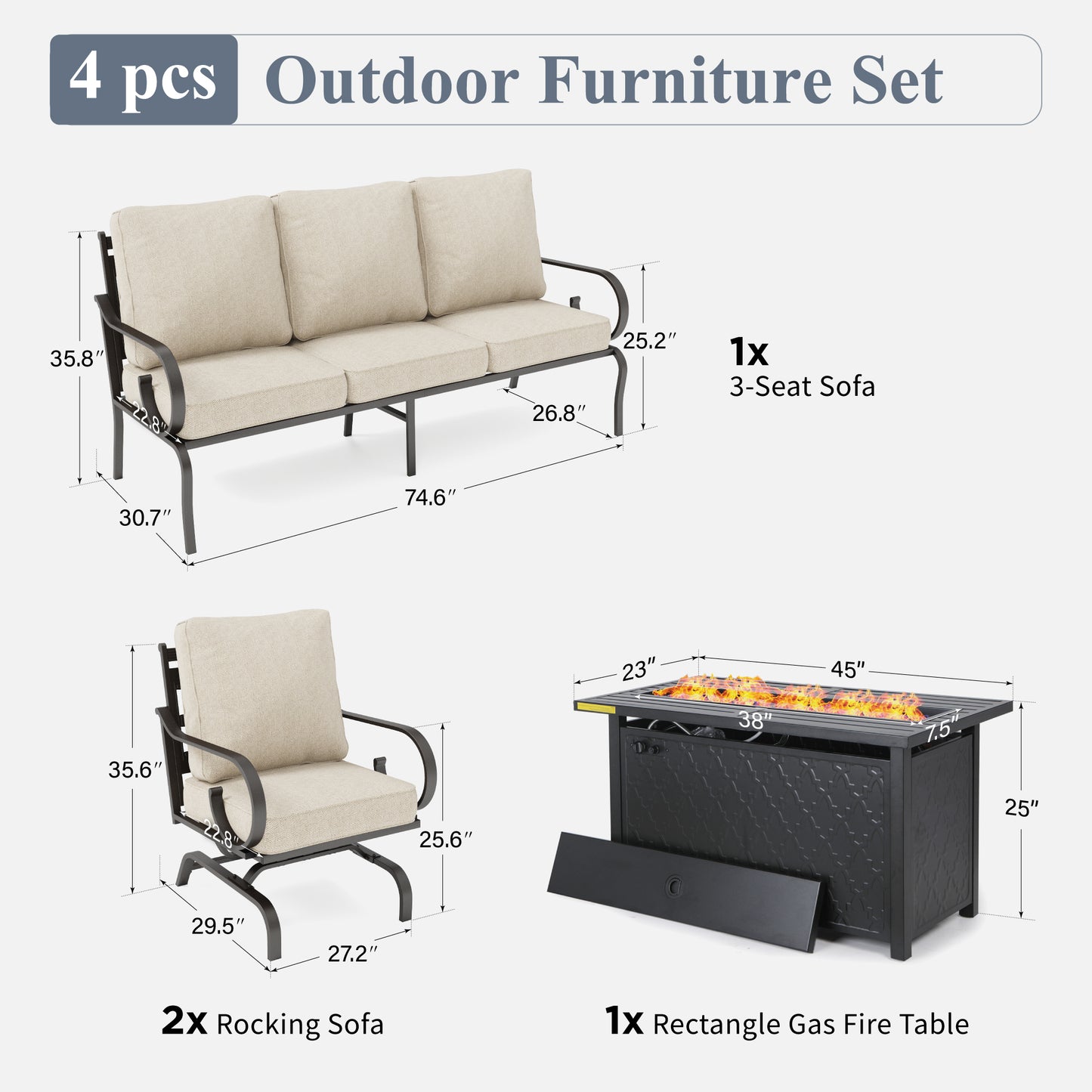 Captiva Designs 4pc Extra Large Metal Pattern-back Outdoor Patio Conversation Set with Fire Pit Table