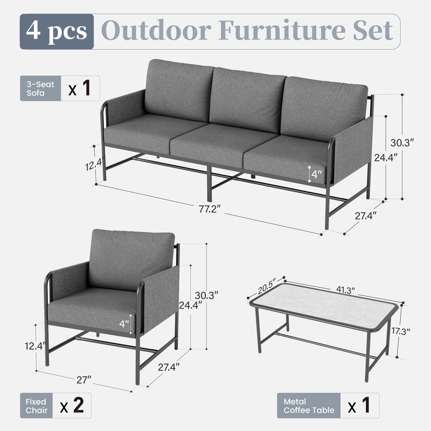 Captiva Designs 4pc Outdoor Patio Iron Metal Furniture Conversation Set with Coffee Table and Cushions