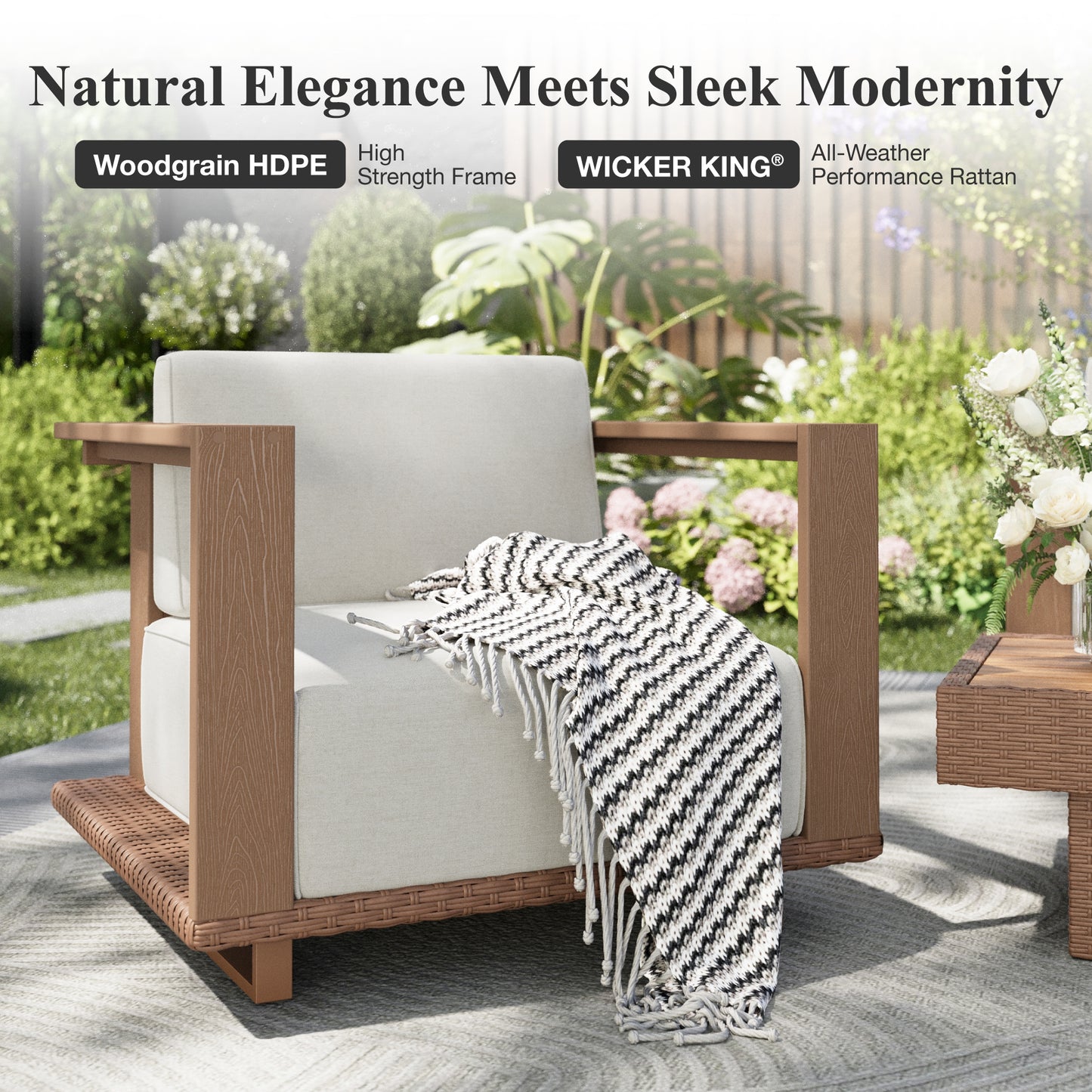 Captiva Designs Outdoor Patio Rattan Woodgrain HDPE Sectional Sofa Conversation Set with Thick Cushions