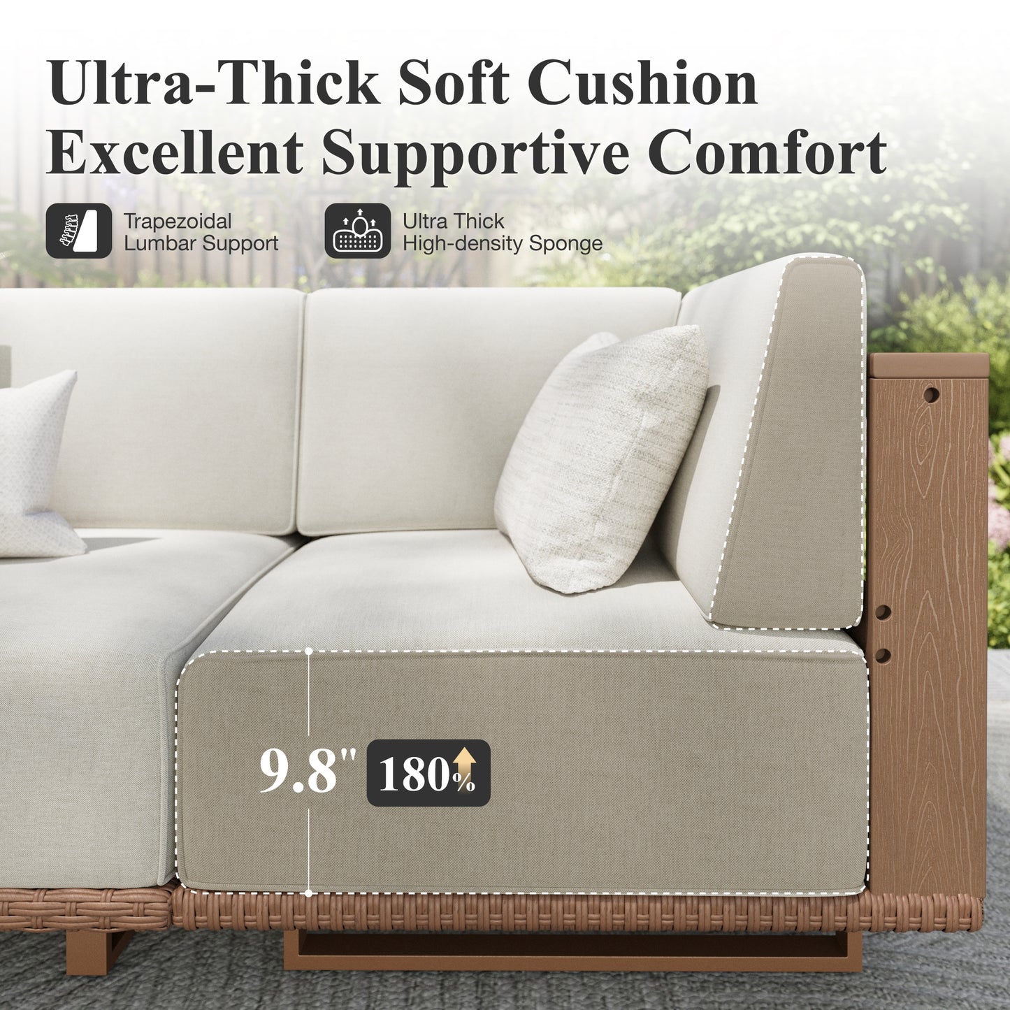 Captiva Designs Outdoor Patio Rattan Woodgrain HDPE Sectional Sofa Conversation Set with Thick Cushions
