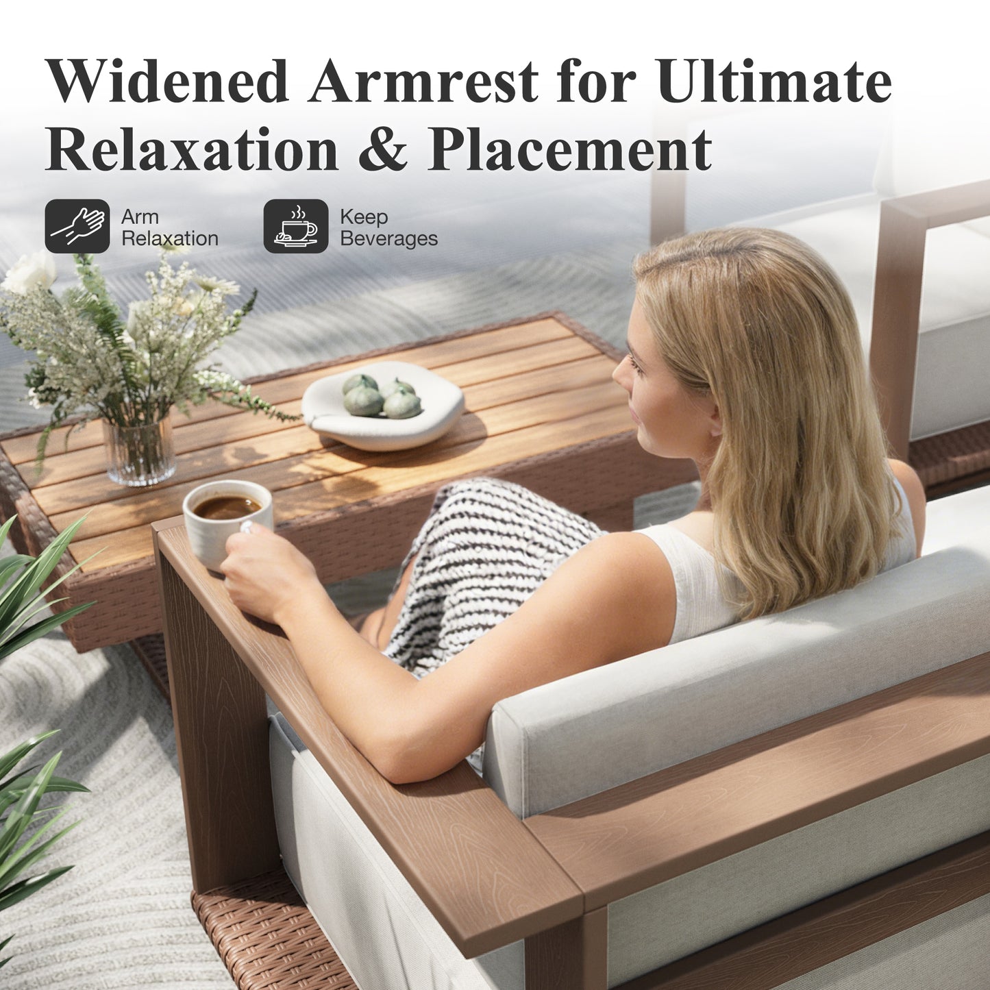 Captiva Designs Outdoor Patio Rattan Woodgrain HDPE Sectional Sofa Conversation Set with Thick Cushions