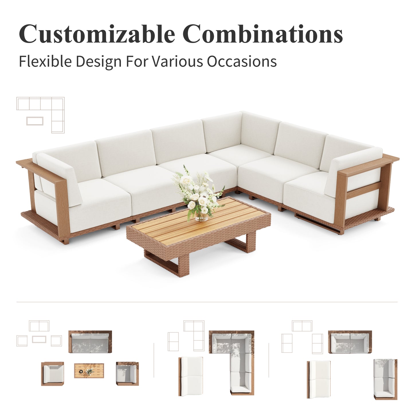 Captiva Designs Outdoor Patio Rattan Woodgrain HDPE Sectional Sofa Conversation Set with Thick Cushions